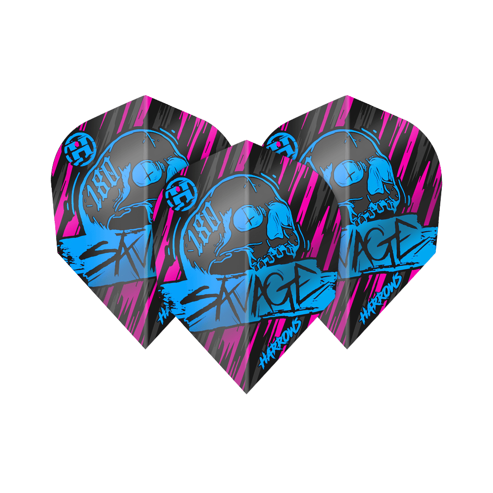 Ailettes No6 Savage Aqua Pink de Harrow's Das Bild zeigt die Harrows Savage Aqua Pink No6 Flights, die für Dartpfeile verwendet werden. Sie sind schwarz mit auffälligen blauen und pinken Grafiken, darunter ein Totenkopf und das Wort "SAVAGE".