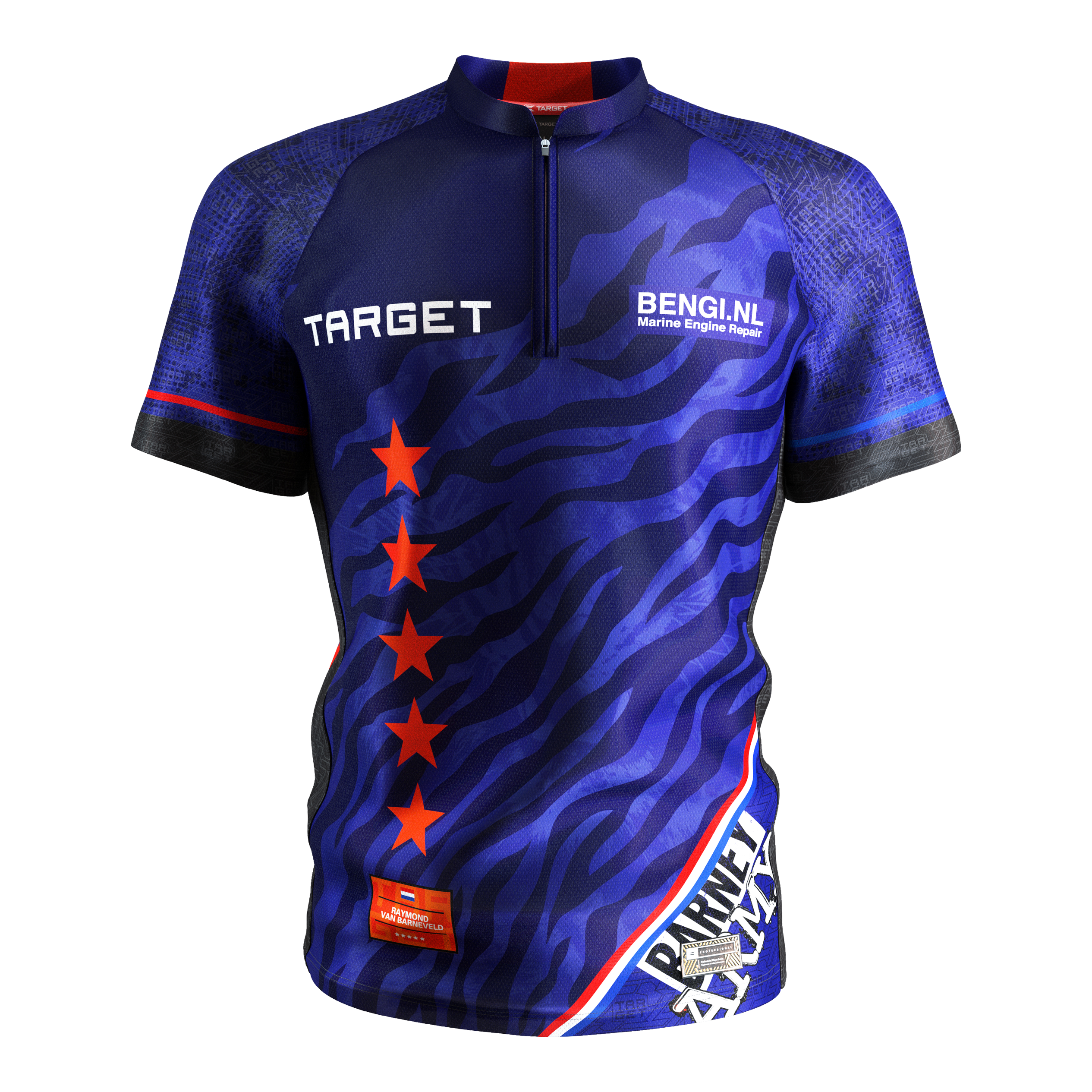 Chemise de fléchettes Target Coolplay Raymond Van Barneveld 2025 Das Bild zeigt das Produkt "Target Coolplay Raymond Van Barneveld 2025 Dartshirt". Das Dartshirt ist hauptsächlich blau mit roten Sternen und weißen Schriftzügen.