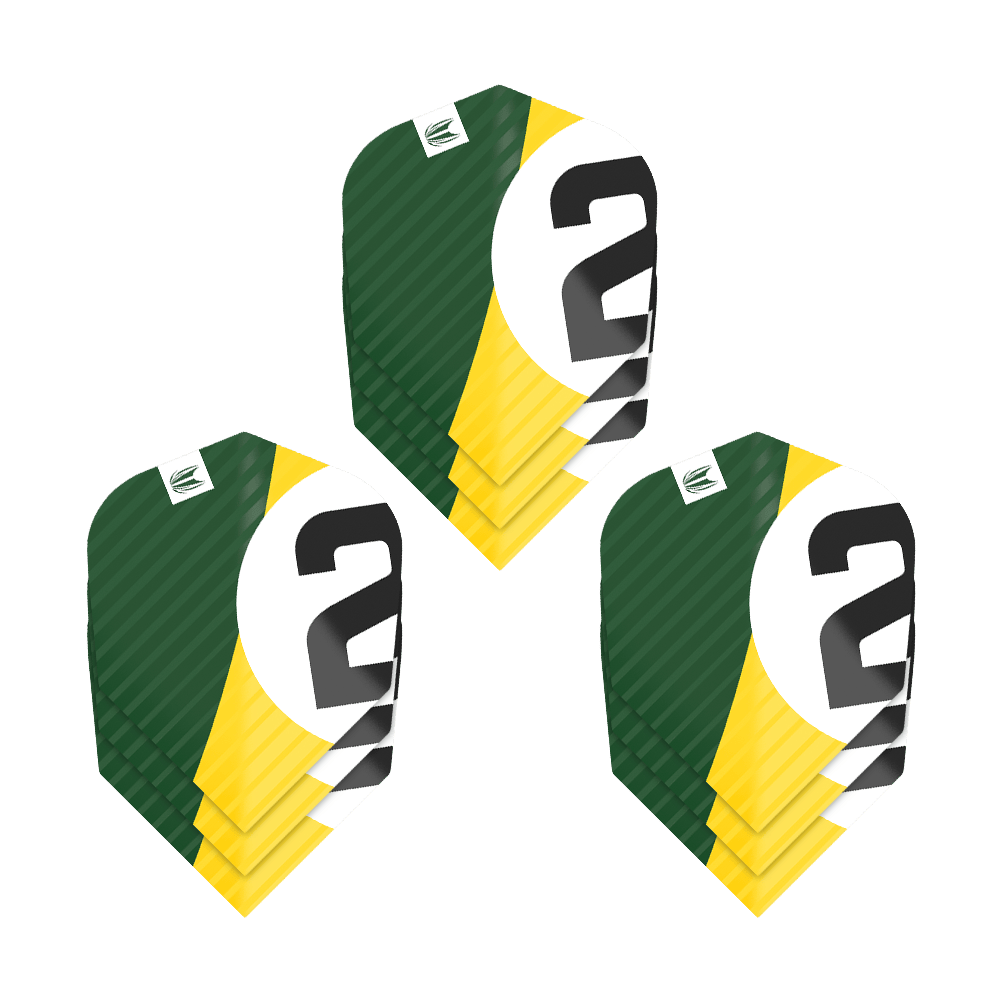 337208_Target_ProUltra_3Sets_Chicane_Green_No6_Flights_1m9d8pkiVeCDSW Das Bild zeigt drei Sätze der Target Pro Ultra Chicane Green No6 Flights. Die Flights sind grün, gelb und weiß mit einer schwarzen Zahl "2" darauf.