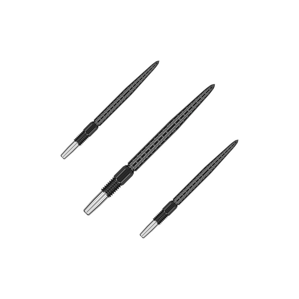 Pointes de fléchettes Target Swiss Point RVE - Noires Das Bild zeigt drei schwarze Dartspitzen mit silbernem Schraubgewinde. Sie sind unterschiedlich ausgerichtet und liegen auf einem grünen Hintergrund.