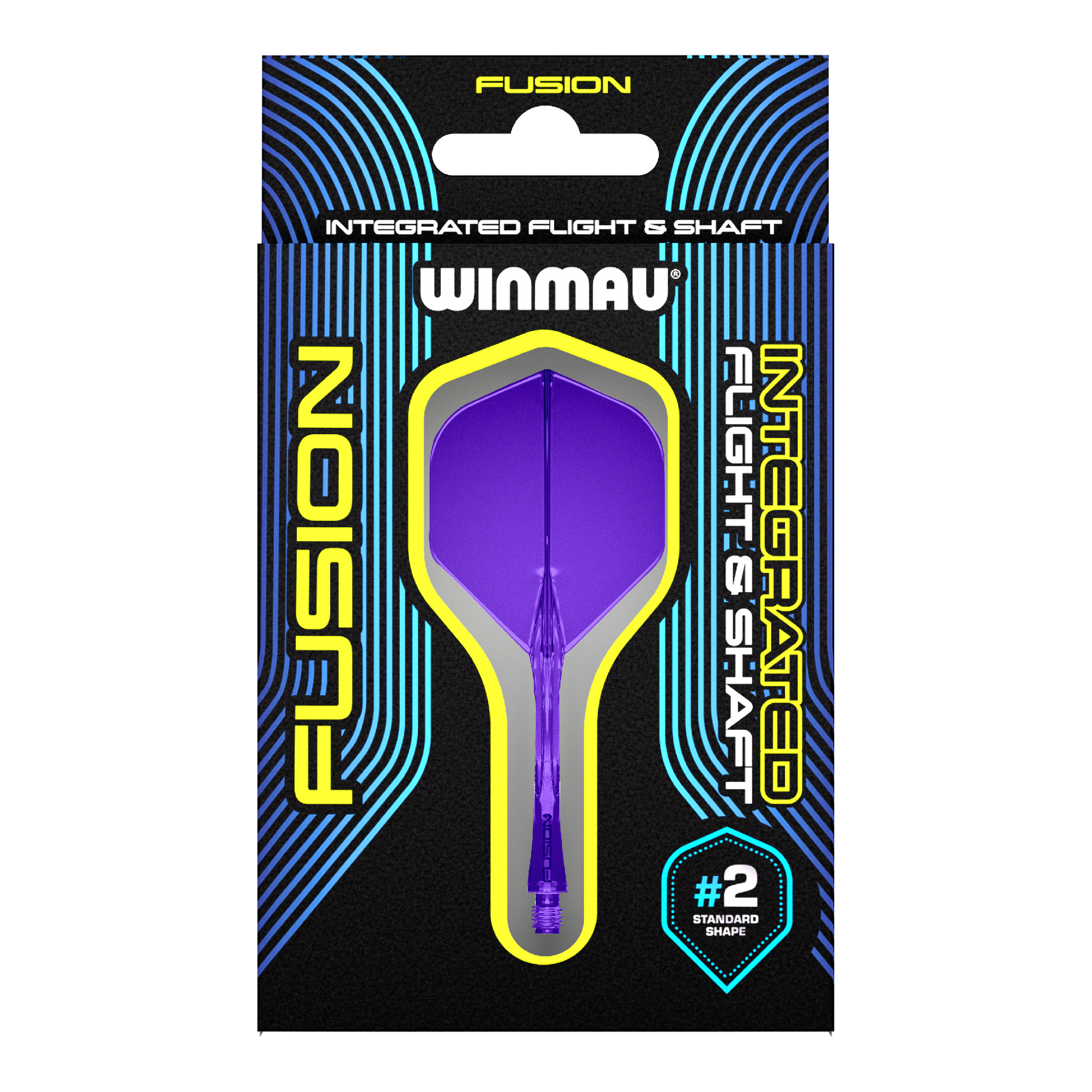 Système d'arbre de vol Winmau Fusion Standard Violet Auf dem Bild ist eine Verpackung mit einem lila Dart-Flug- und Schaftsystem der Marke Winmau zu sehen. Die Verpackung trägt die Aufschrift "Fusion Integrated Flight & Shaft" und hebt die Standardform #2 hervor.