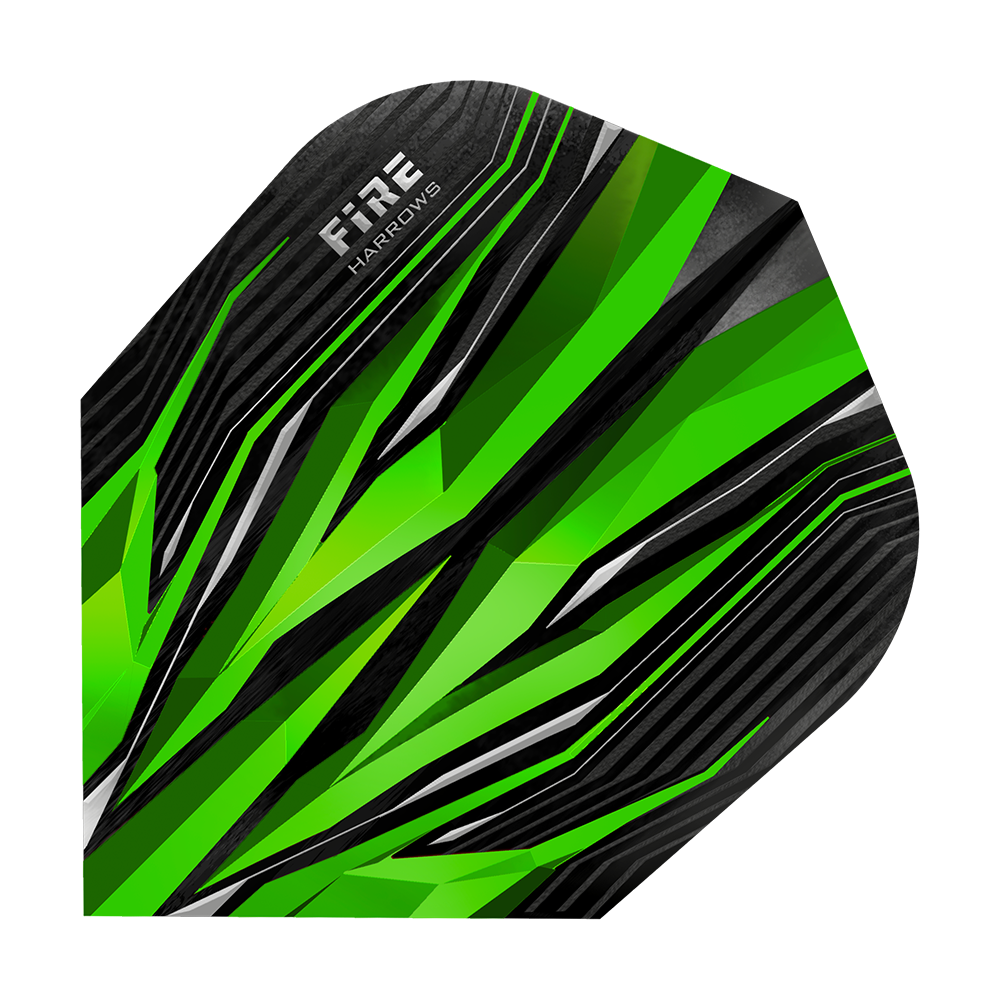 HR2_Harrows_Fire_Green_Standard_Flights_1sXfBKv5nNpZ5t Dies ist ein Dart-Flight mit dem Namen "Harrows Fire Green Standard Flights". Er hat ein auffälliges grünes und schwarzes Design mit scharfen Linien und Mustern.