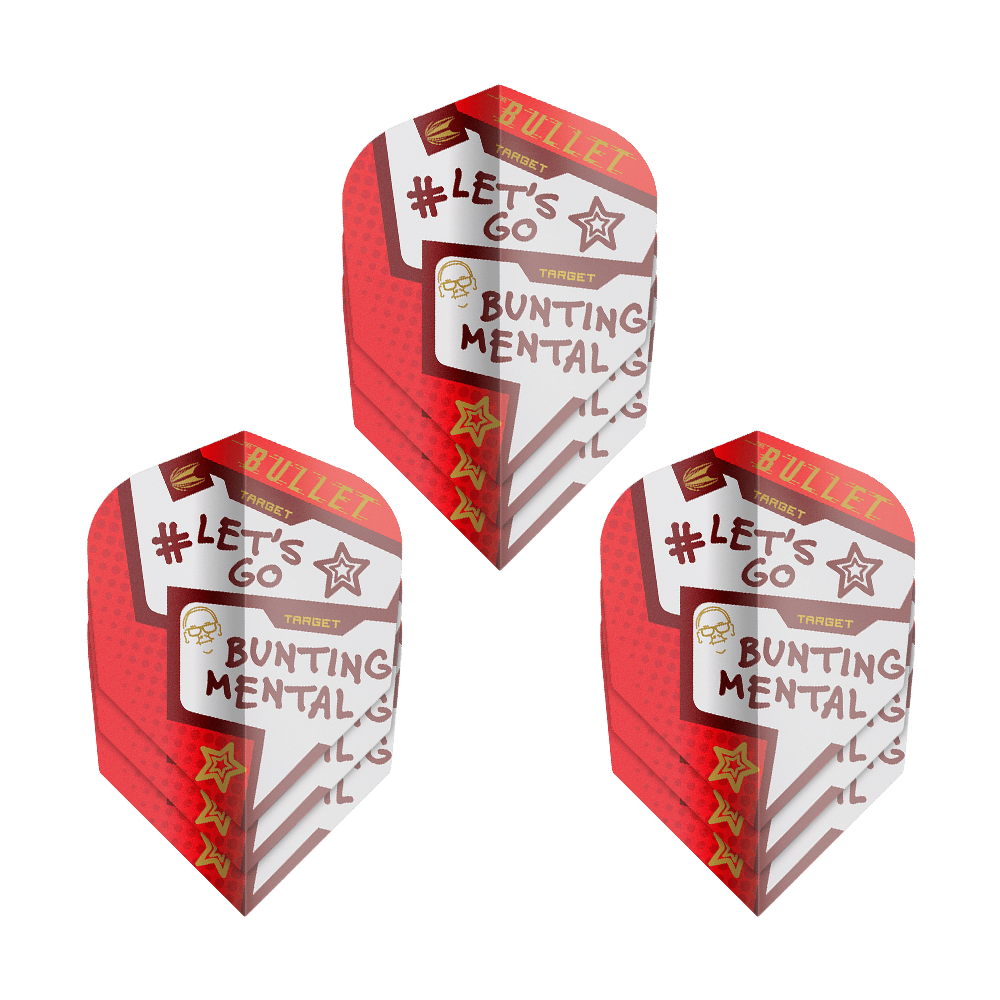 Ailettes Target Pro Ultra Stephen Bunting Mental No6 - 3 jeux Das Bild zeigt drei Sets der "Target Pro Ultra Stephen Bunting Mental No6 Flights" für Darts. Die Flights sind rot-weiß gestaltet und tragen Aufschriften wie "#LET'S GO" und "BUNTING MENTAL."
