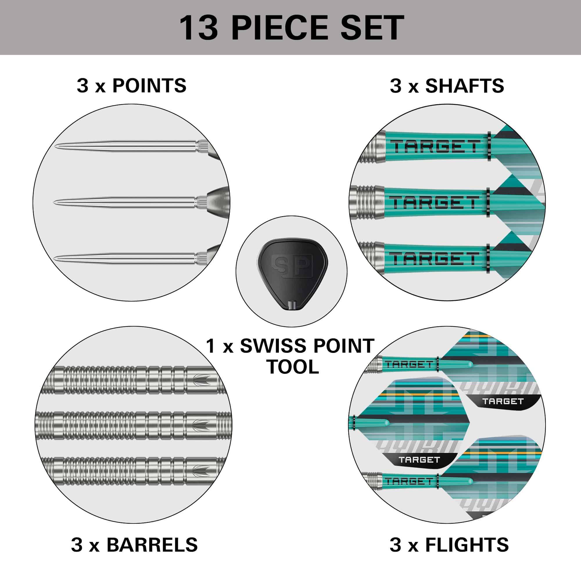Fléchettes en acier Target Hydro 03 Swiss Point Zu sehen sind die Target Hydro 03 Swiss Point Steeldarts. Die Steeldarts werden detailliert ausgeleuchtet.