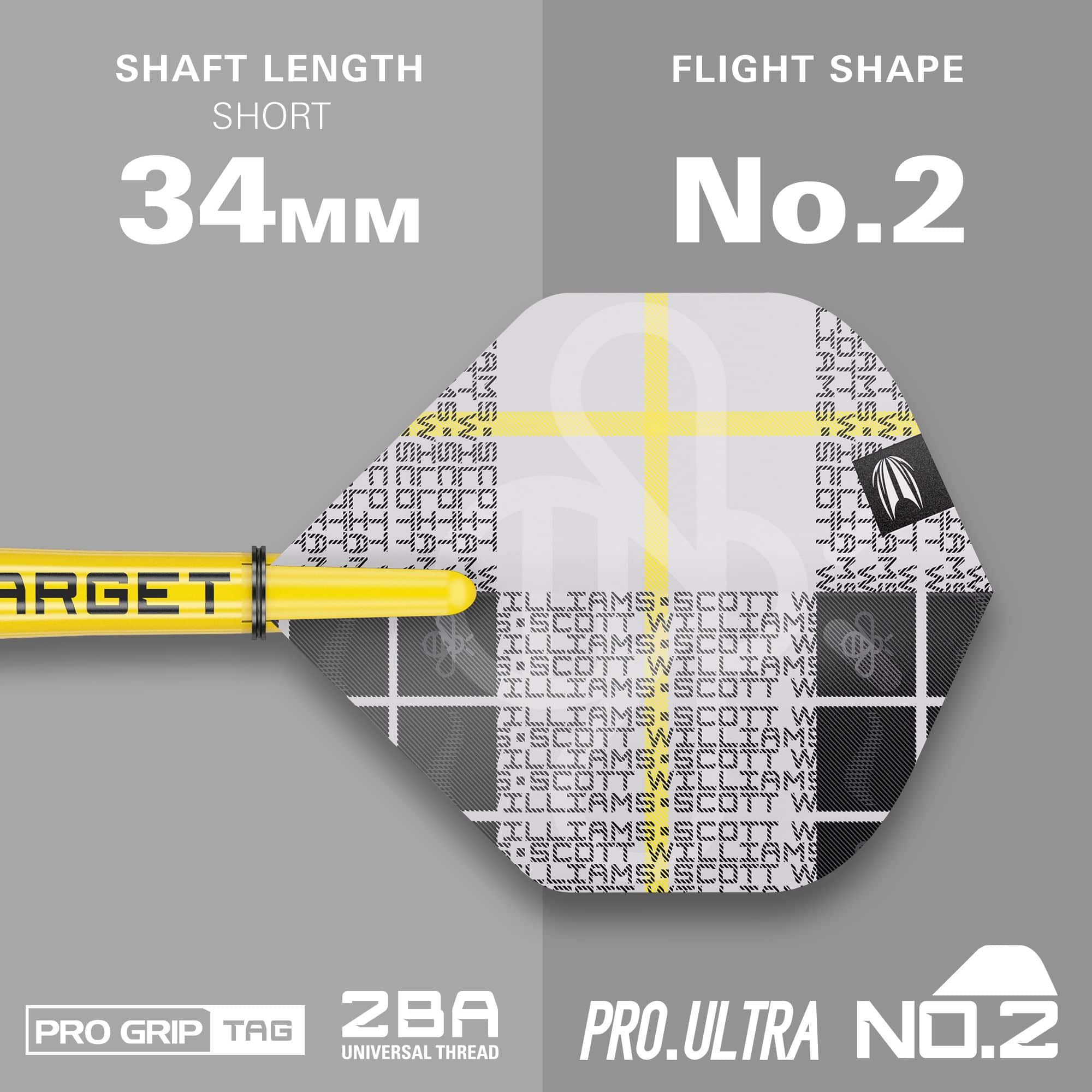 Fléchettes souples Target Scott Williams GEN2 - 18 g Das Bild zeigt das Produkt "Target Scott Williams GEN2 Softdarts - 18g" mit einem kurzen Schaft von 34 mm. Die Flight-Form ist No. 2 und das Design ist in Gelb, Weiß und Schwarz gehalten.