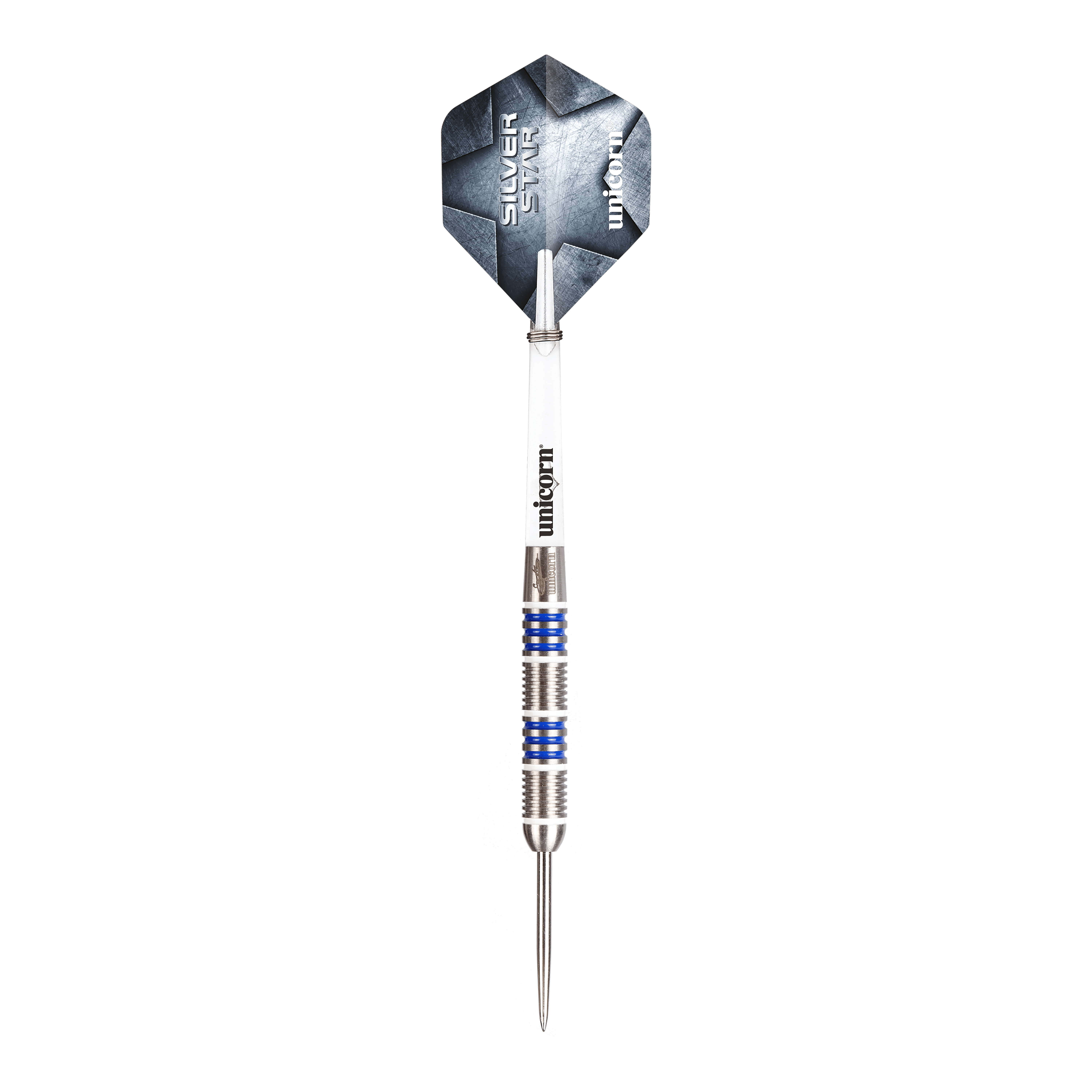 Fléchettes en acier Unicorn Silver Star Var.4 Gary Anderson Dieses Bild zeigt Unicorn Silver Star Var.4 Gary Anderson Steeldarts. Die Darts liegen nebeneinander auf einer weißen Fläche.