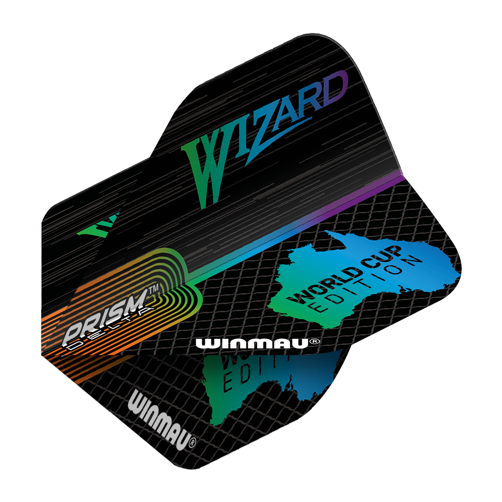 Das Bild zeigt die Winmau Simon Whitlock World Cup Special Edition Standard Flights. Die Flights sind schwarz mit bunten Akzenten und der Aufschrift "WIZARD" sowie "WORLD CUP EDITION".