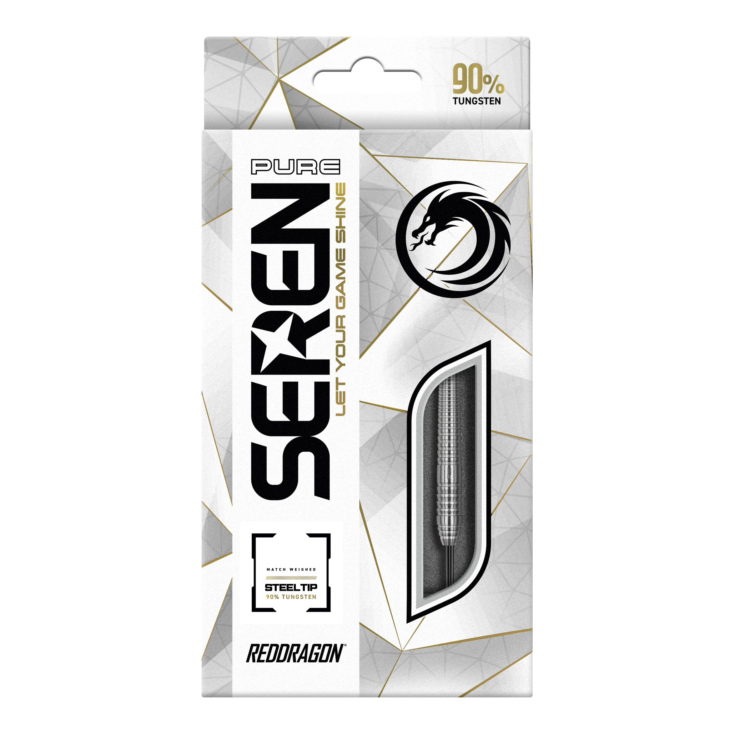 Dragon Rouge Seren 2 Pure Steeldarts Die Abbildung zeigt die Verpackung der "Red Dragon Seren 2 Pure Steeldarts". Auf der Verpackung steht, dass die Darts aus 90% Tungsten bestehen.