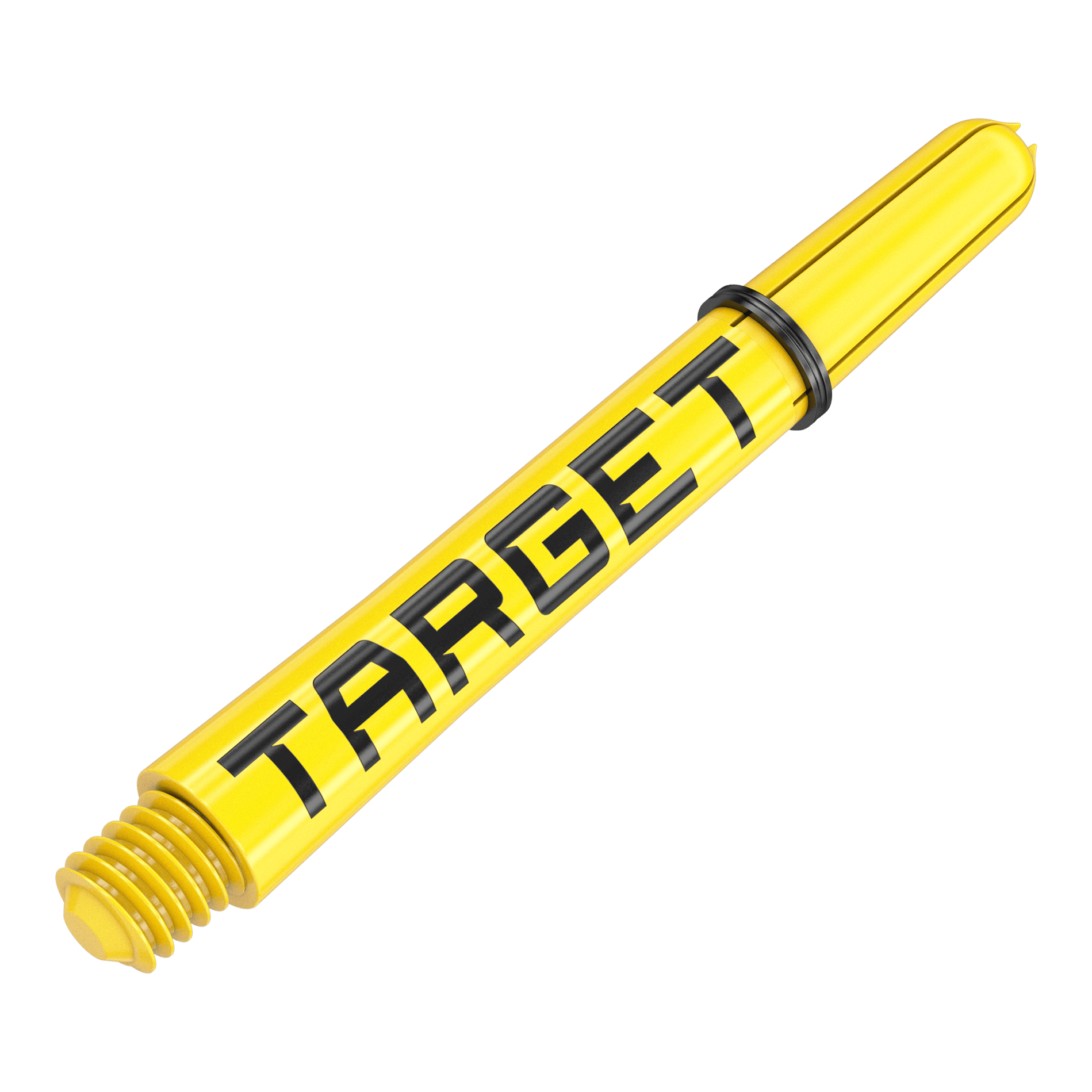 Tiges Target Pro Grip TAG - 3 jeux - Jaune Dies ist ein gelber Dart-Schaft mit dem Schriftzug "TARGET". Der Schaft hat ein schwarzes Gummiband und ein Schraubgewinde am Ende.