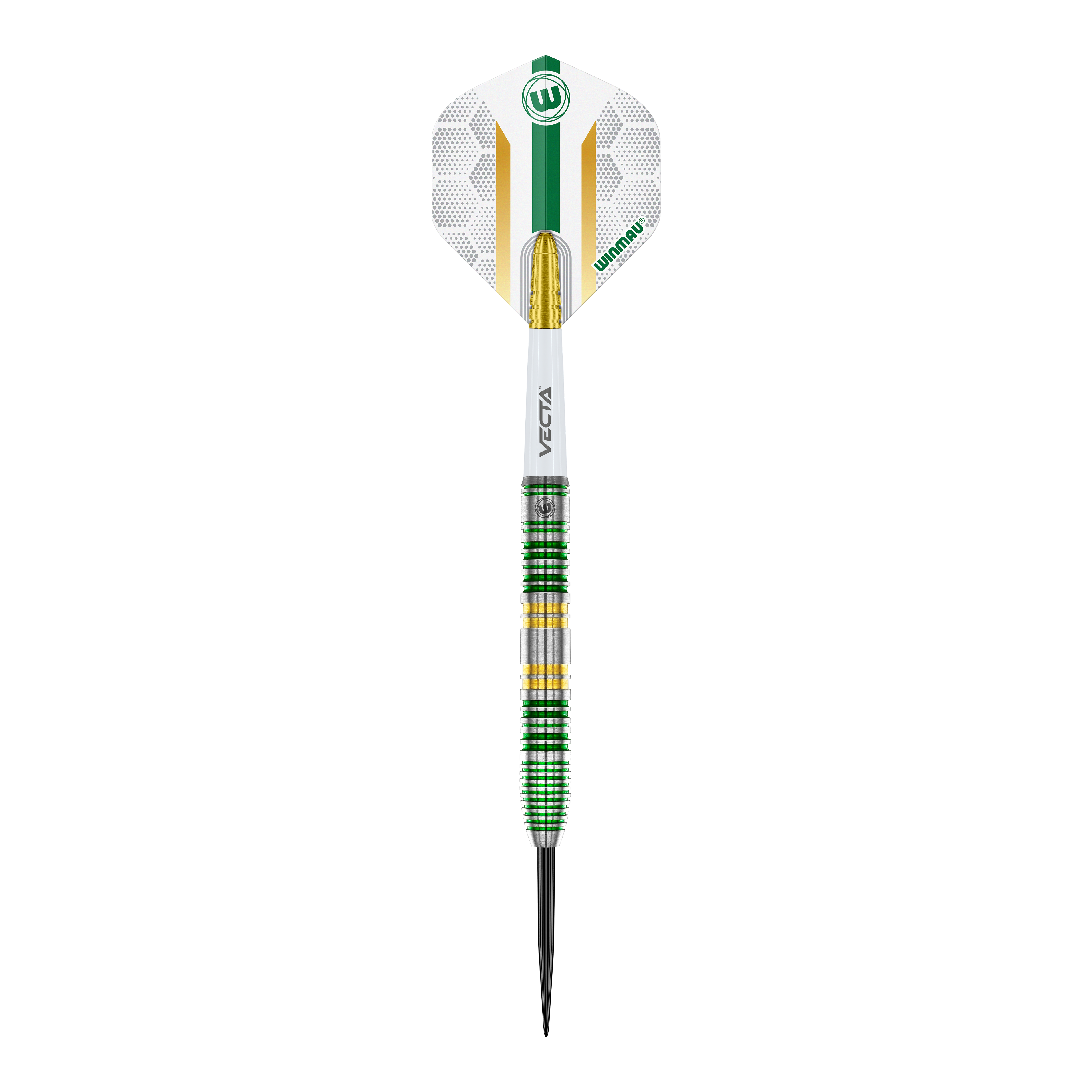 Fléchettes en acier Winmau Xenon Das Bild zeigt einen Winmau Xenon Steeldart mit einer weißen, grünen und goldenen Gestaltung. Der Dartpfeil hat einen markanten Ringgriff und eine spitze Metallspitze.