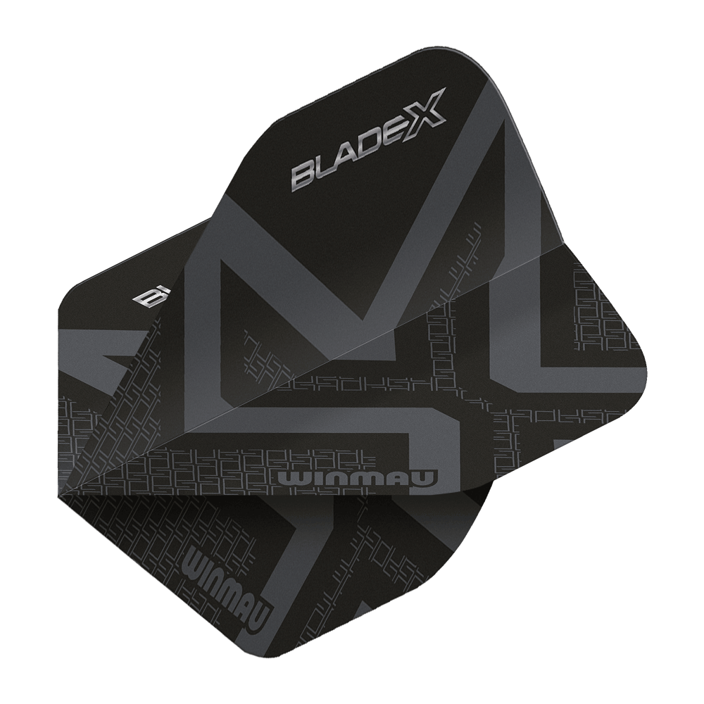 Ailettes standard Winmau Prism Delta Blade X Noir Métallisé n° 2 Winmau Prism Delta Blade X Metallic Black No2 Standard Flights wird gezeigt. Ein Dartflugblatt in metallischem Schwarz, Standardgröße Nummer 2.