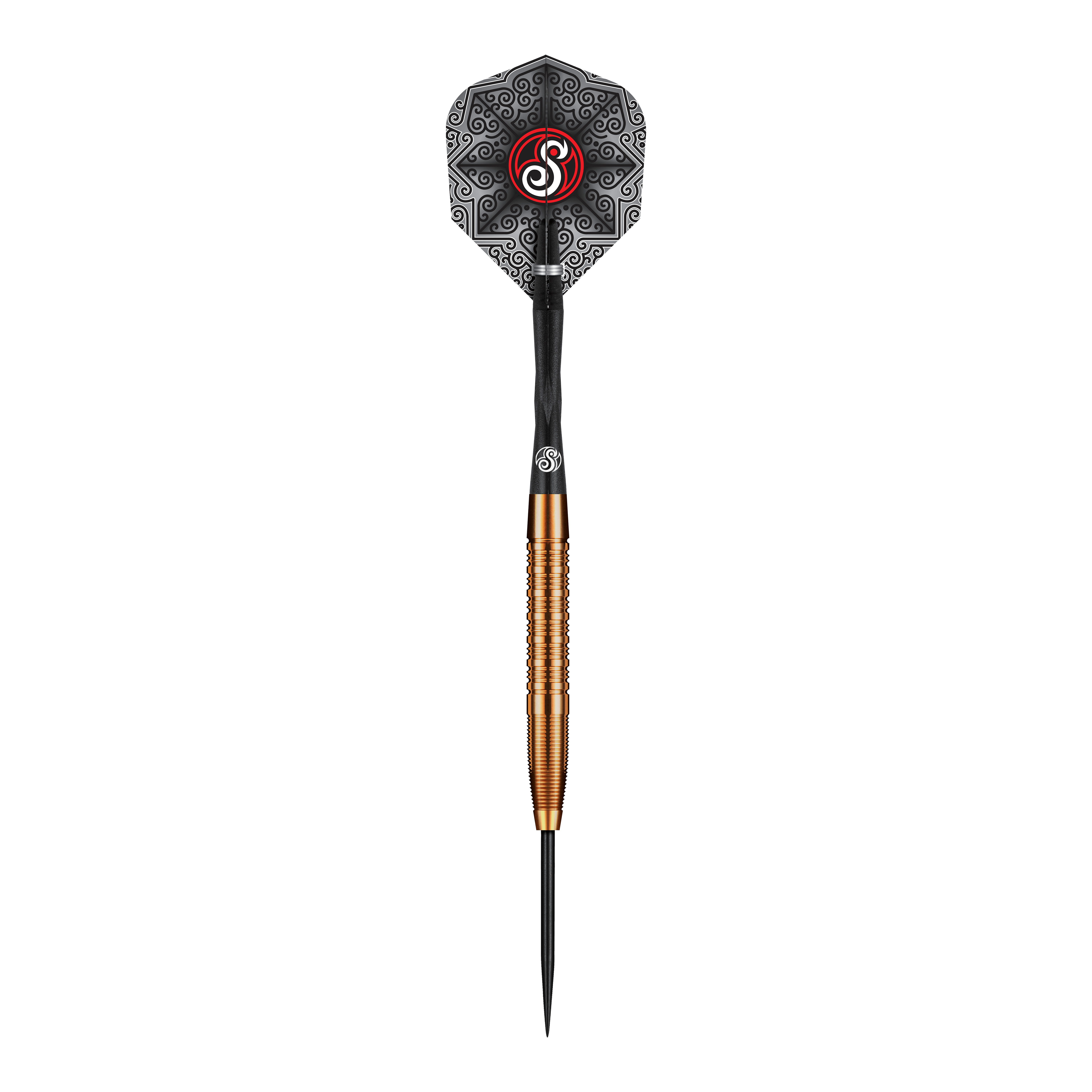 Fléchettes en acier Shot Pro Series Jake Womack - 23 g Das Bild zeigt den Shot Pro Series Jake Womack Steeldart mit einem Gewicht von 23 Gramm. Der Dart hat ein auffälliges schwarzes Flight-Design und einen goldfarbenen, gerillten Barrel.