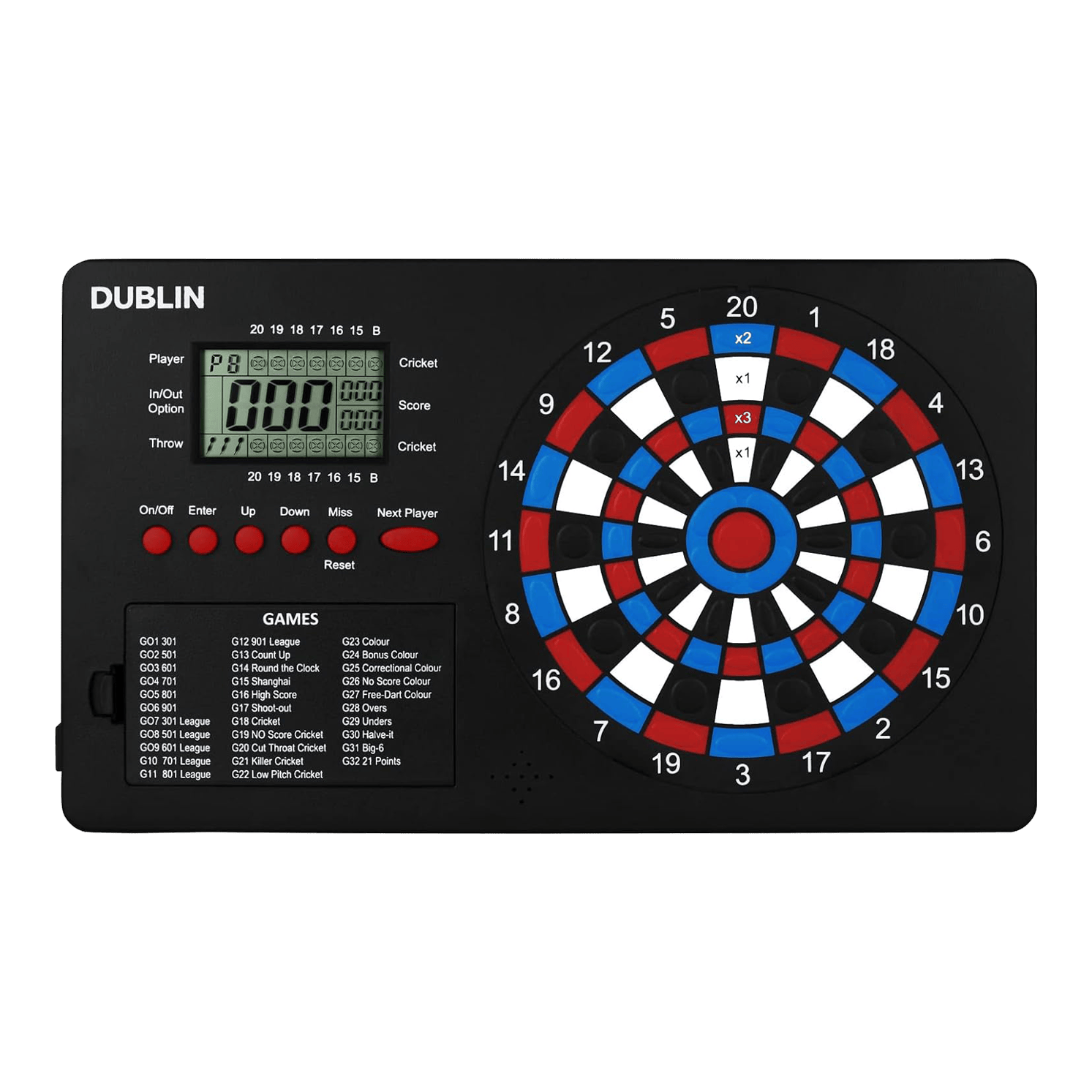 Compteur de fléchettes XQMax Dublin Das Bild zeigt den "XQMax Dublin Dart Counter", ein elektronisches Dartspiel mit eingebautem Punktezähler. Links befindet sich ein digitales Display und Tasten zur Spielsteuerung, rechts das bunte Dartboard mit verschiedenen Zahlenfeldern.