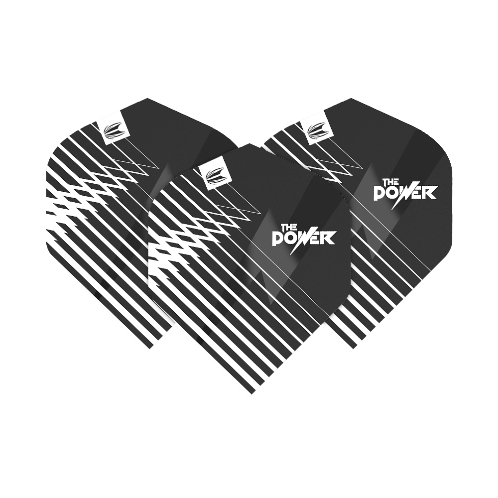 Das Bild zeigt drei schwarze Dartflights mit weißen, diagonalen Linien. Auf den Flights steht "The Power" in weißer Schrift.