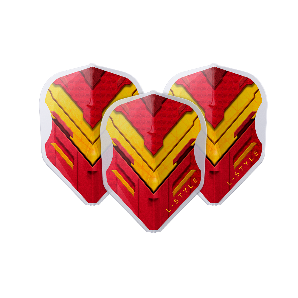 Vols L-Style V-Series V1 Type A Espagne Blanc Transparent L3EZ Das Bild zeigt drei Dart-Flights mit einem auffälligen roten und gelben Muster. Auf den Flights steht in gelber Schrift "L-STYLE".