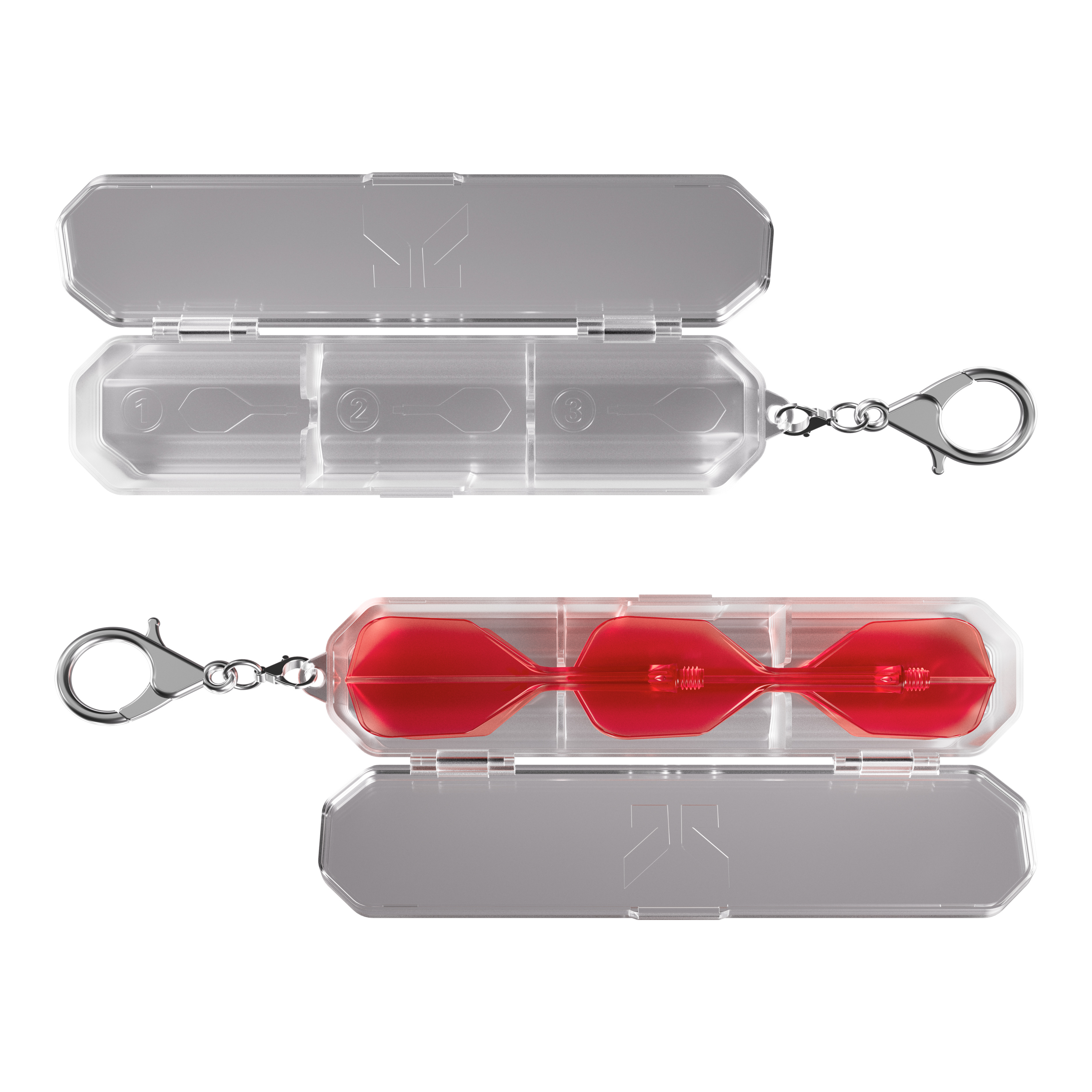 Coffret de vol Target K-Flex K-Case Das Bild zeigt das Produkt "Target K-Flex K-Case Flightbox", eine transparente Box mit Deckel und Karabinerhaken. In der unteren Box sind rote Dartflights sicher aufbewahrt.