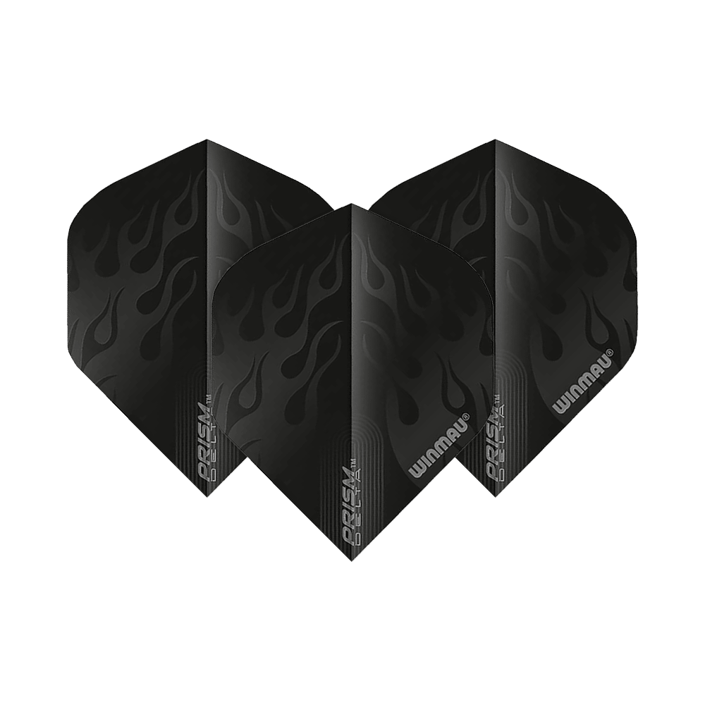6915-202_Winmau_Prism_Delta_6915-202_Standard_Flights_1wnxHjIB9jzHaM Das Bild zeigt drei schwarze Dart-Flights des Modells "Winmau Prism Delta 6915.202 Standard". Die Flights haben ein Flammenmuster und das Winmau-Logo ist darauf zu sehen.