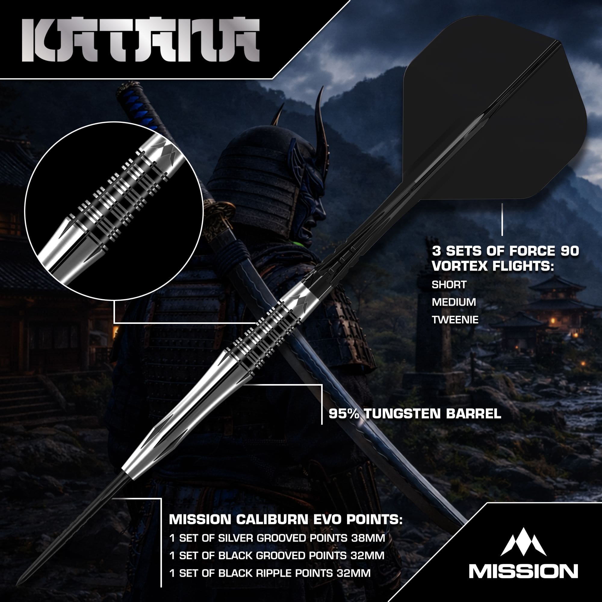 Fléchettes en acier Mission Katana Mission Katana Steeldarts werden präsentiert. Das Foto zeigt das Produkt detailliert für eine bessere Ansicht.