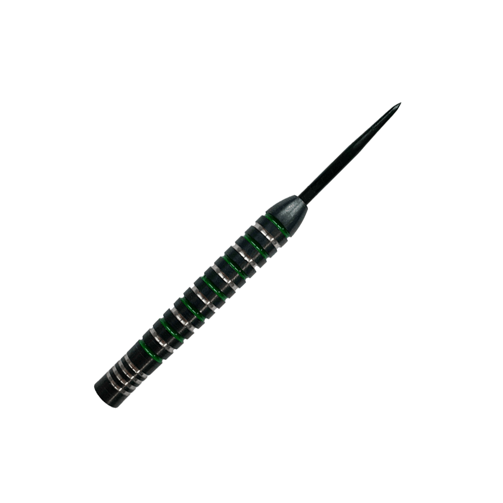 Canons en acier vert argenté McDart Das Bild zeigt einen McDart Silver Green Steeldart Barrel. Der Dart hat silberne und grüne Rillen und eine schwarze Spitze.