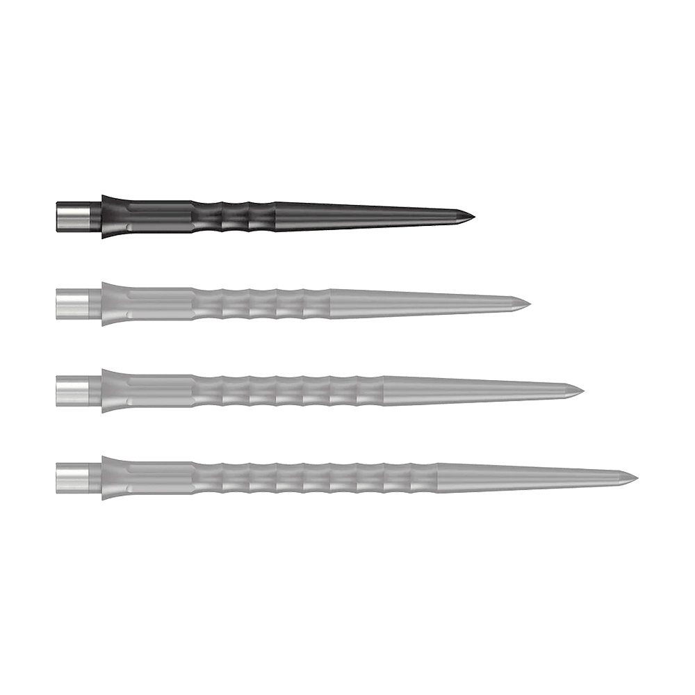 Pointes Caliburn System Steeldart - Ripple - NoLip - Noires Abgebildet ist eine schwarze Steeldartspitze mit Ripple NoLip Design, 28 mm lang. Das Produkt gehört zum Caliburn Evo System.