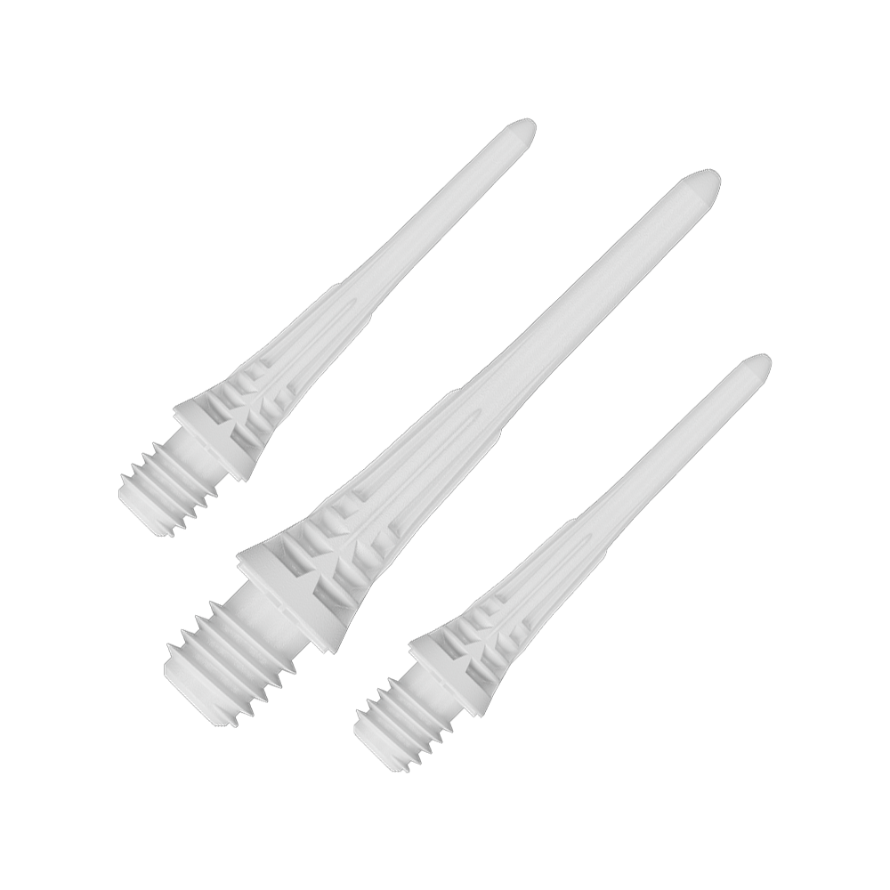 Pointes de fléchettes Target Cryo Soft, paquet de 30 - Blanches Target Cryo Softdartspitzen 30er Pack - Weiß werden einzeln dargestellt. Das Bild hebt die Form und die Farbe der Softdartspitzen hervor.