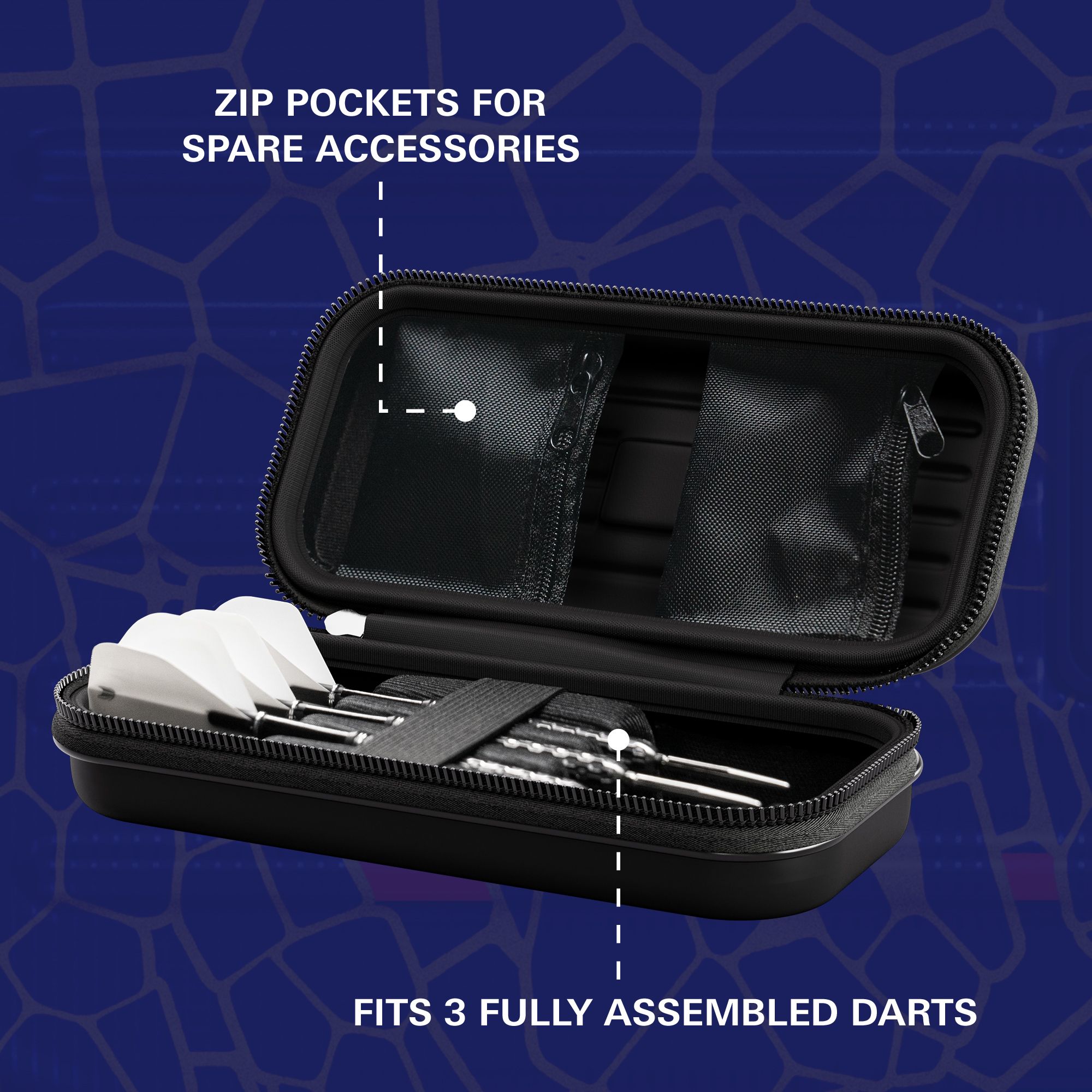 Étui à fléchettes Target Takoma Josh Rock Das Bild zeigt das Target Takoma Josh Rock Dartcase mit drei komplett zusammengebauten Darts. Es verfügt über Reißverschlusstaschen für Ersatz-Zubehör.
