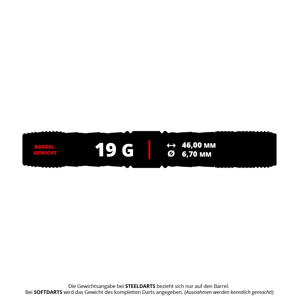 Fléchettes souples Target Japan Kaze Series Ceros 03 - 19 g Das Bild zeigt die Produktdaten der "Target Japan Kaze Series Ceros 03 Softdarts - 19g". Der Dart wiegt 19 Gramm, ist 46,00 mm lang und hat einen Durchmesser von 6,70 mm.