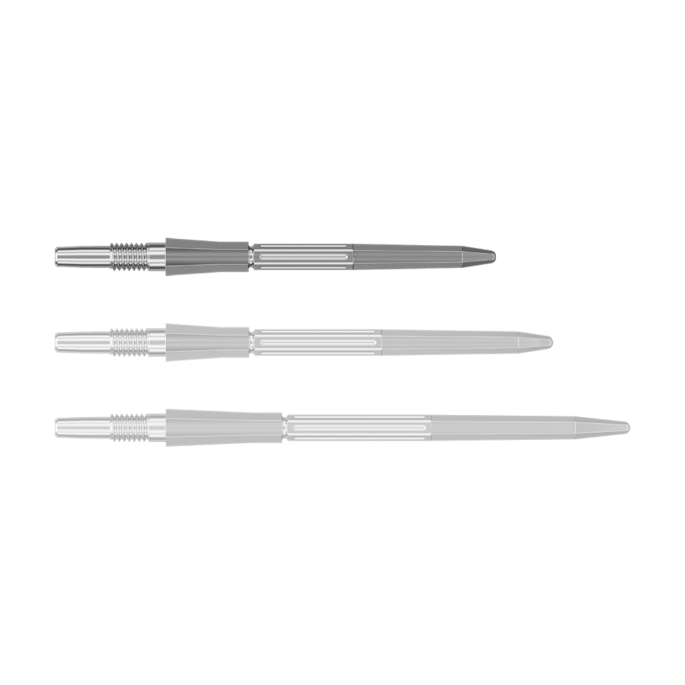 Abgebildet ist eine silberne SwissPoint Dartspitze, 30 mm lang. Die Spitze stammt vermutlich von Target Elysian Archetype 43.