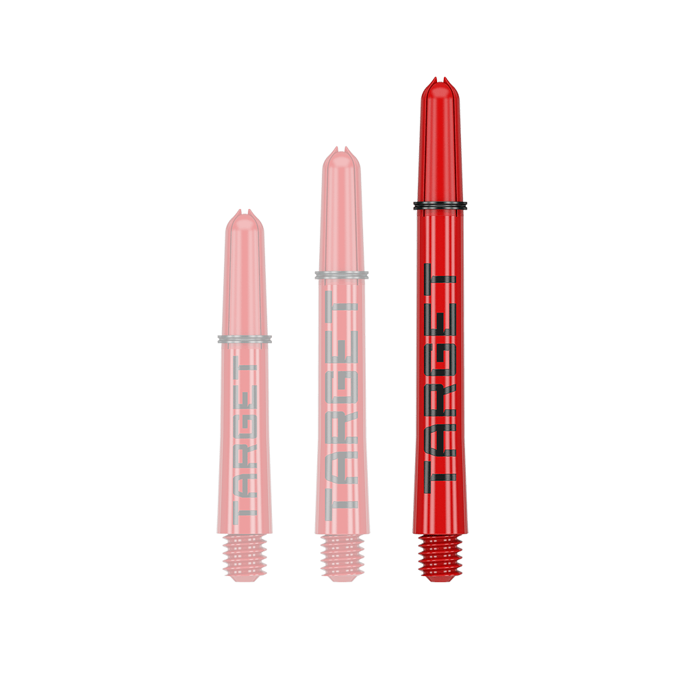 Tiges Target Pro Grip TAG - 3 jeux - Rouge Auf dem Bild sind drei rote Dart-Schäfte in unterschiedlichen Längen zu sehen. Auf jedem Schaft steht das Wort "TARGET" in schwarzen Buchstaben.