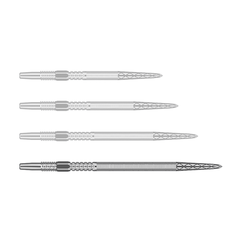 Pointes de fléchettes Target Swiss Point DX - Argent Auf dem Bild sind vier silberne Dartspitzen in einer Reihe zu sehen. Die Spitzen haben ein geriffeltes Muster und eine spitz zulaufende Form.