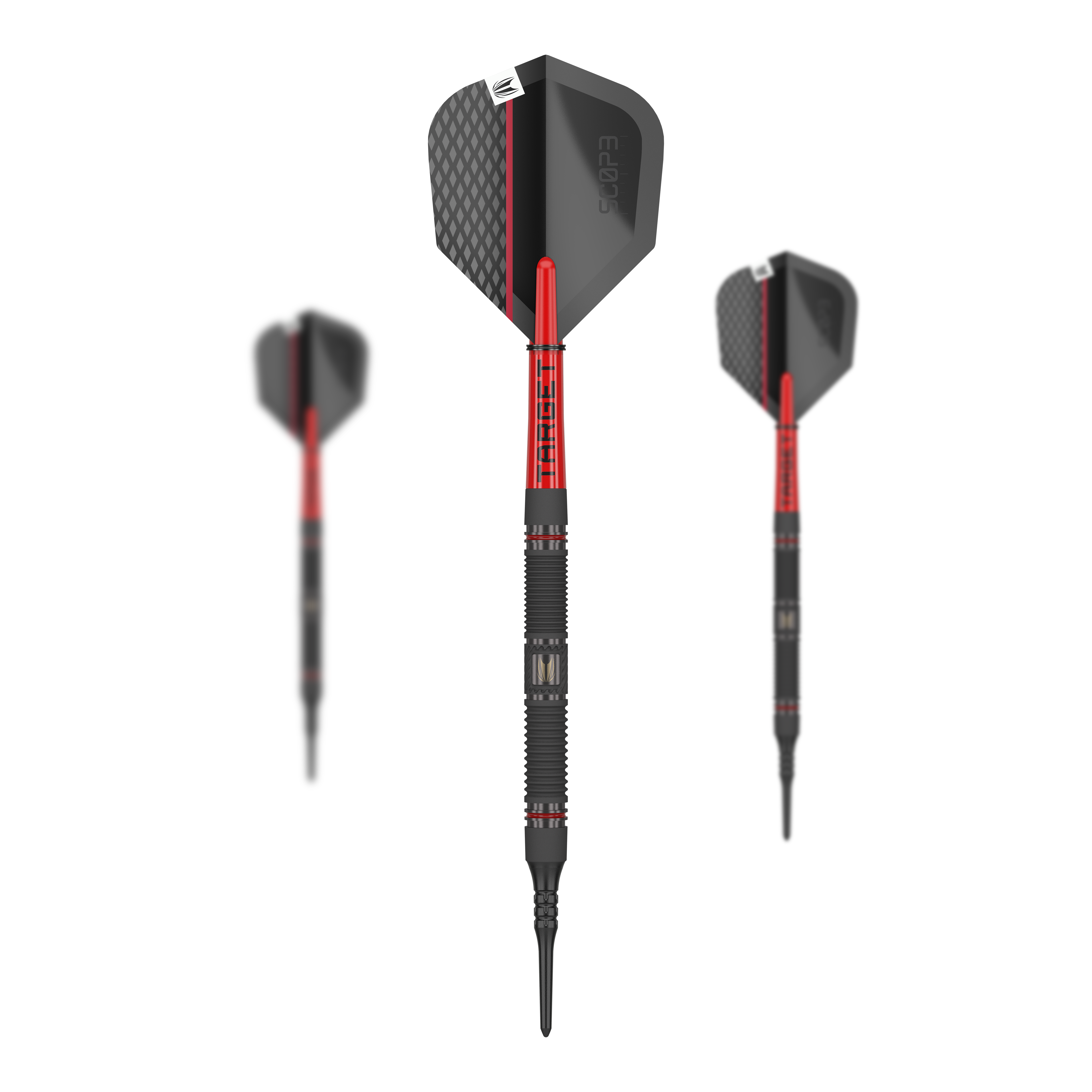 Target Scope 10 fléchettes souples Das Bild zeigt drei Softdarts des Produkts „Target Scope 10“. Die Darts sind überwiegend schwarz mit roten Akzenten und haben ein modernes Design.