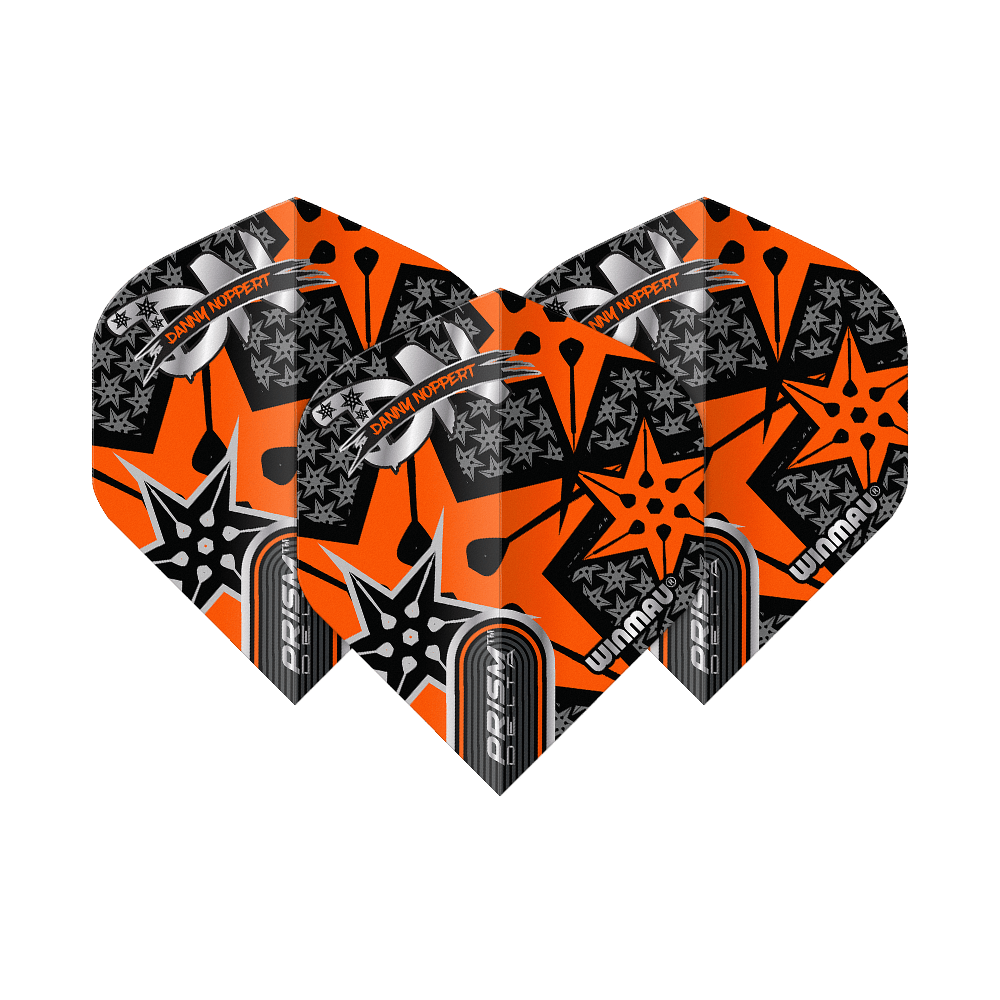 Vols standard Winmau Prism Delta Danny Noppert Orange Signature No2 Das Bild zeigt drei Dart-Flights mit auffälligem orange-schwarzem Design. Auf den Flights steht "Danny Noppert" und "Winmau Prism Delta".