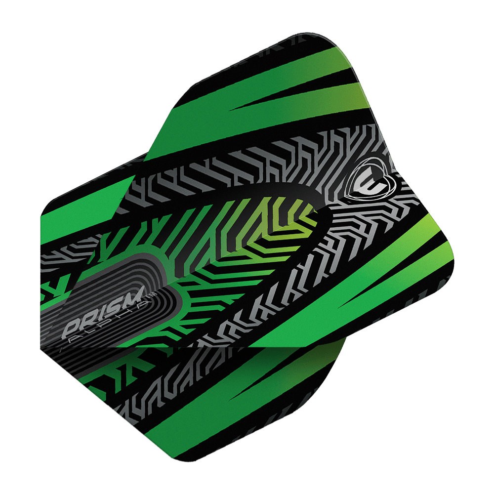 Vols standard Winmau Prism Alpha Noir Vert n° 2 Dieses Bild zeigt ein Winmau Prism Alpha Schwarz Grün No2 Standard Dartflight. Das Flight hat ein modernes Muster in Schwarz, Grün und Grau.