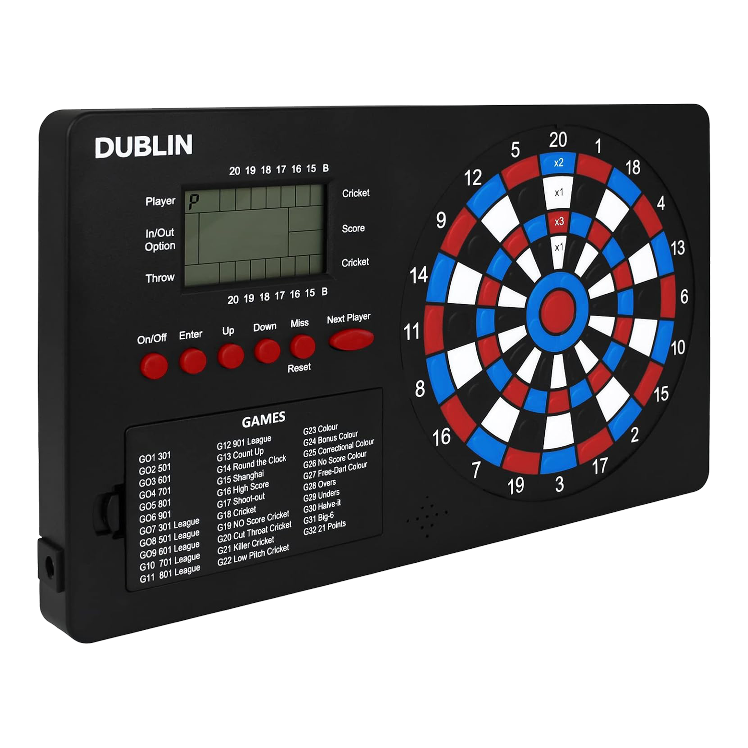 Compteur de fléchettes XQMax Dublin Das Bild zeigt den "XQMax Dublin Dart Counter", ein elektronisches Dartboard mit digitalem Display. Auf dem Gerät befinden sich zahlreiche Tasten zur Bedienung und eine Übersicht verschiedener Dartspiele.
