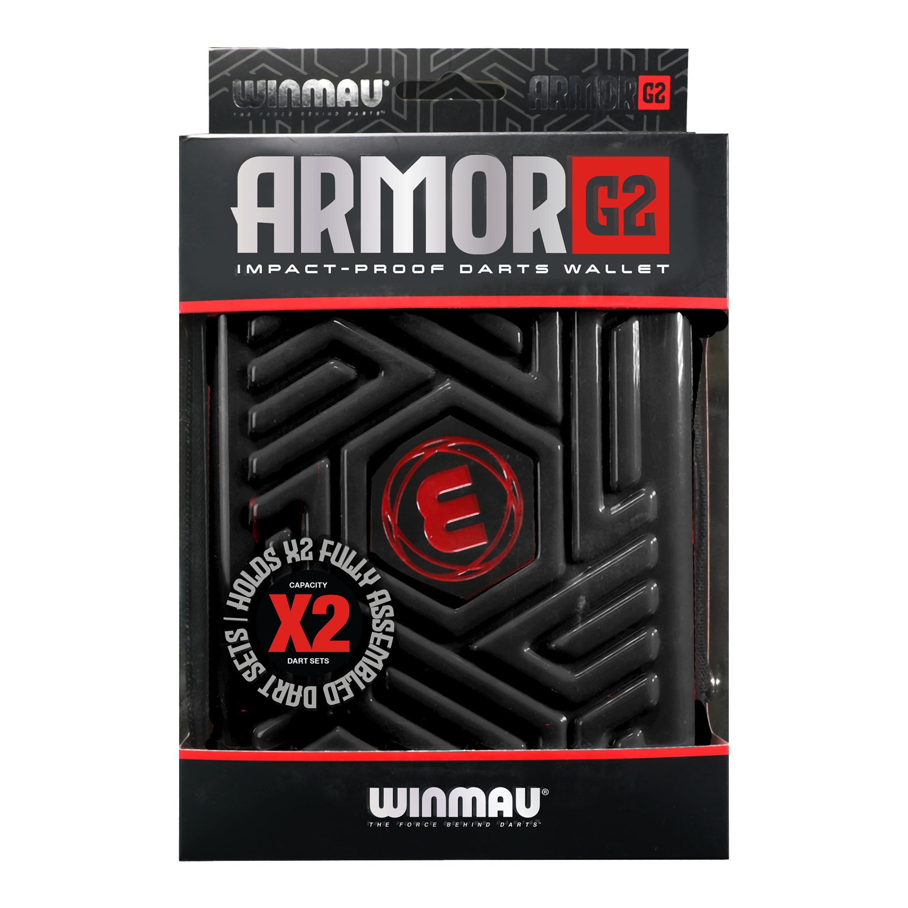 Portefeuille de fléchettes Winmau Armor G2 Dies ist eine schwarze, stoßfeste Darttasche der Marke Winmau namens "Armor G2". Sie bietet Platz für zwei komplett montierte Dart-Sets.