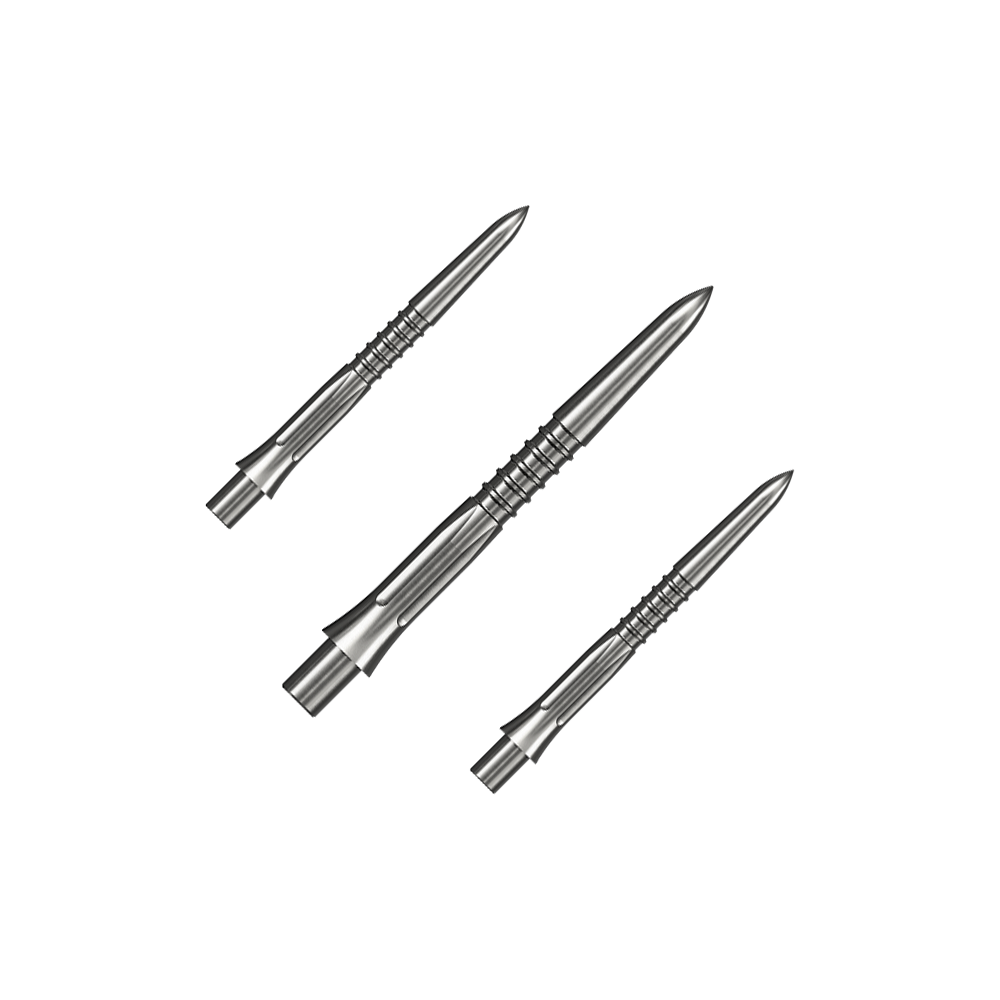 Embouts de fléchettes Mission Caliburn EVO GV1 - argent Auf dem Bild ist ein Set silberner Steeldartspitzen mit 26 mm Länge zu sehen. Mehrere Spitzen sind zusammen angeordnet.