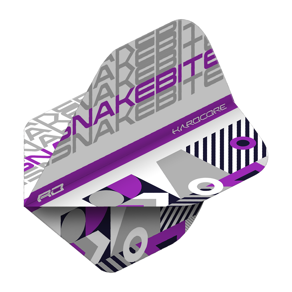 Das Bild zeigt ein Dartflight mit dem Namen "Red Dragon Hardcore Snakebite White Purple Standard Flights". Das Flight ist in Weiß, Lila und Grau gestaltet und trägt das Wort "SNAKEBITE" sowie geometrische Muster.