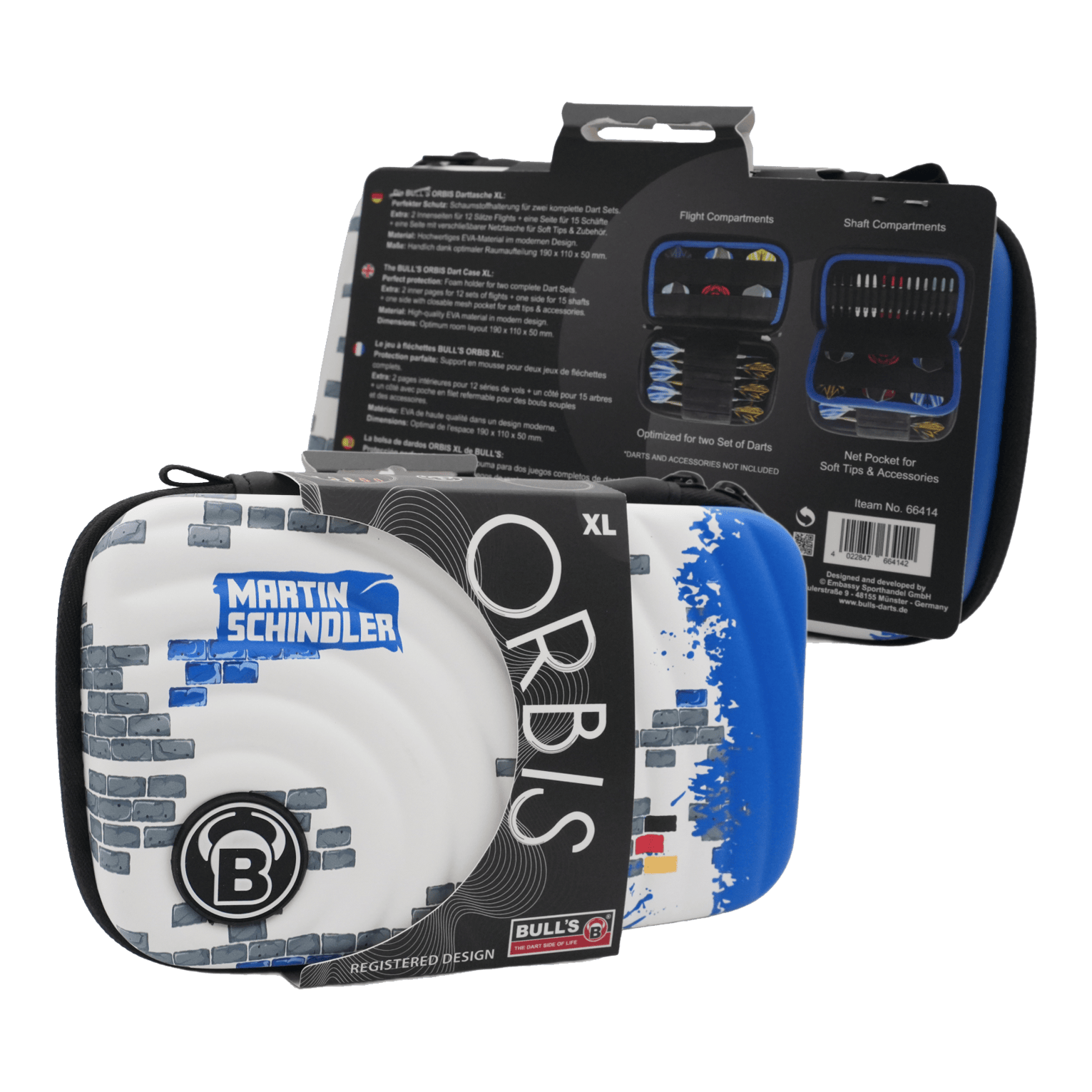 Étui à fléchettes Bulls Orbis XL Martin Schindler Das Bild zeigt das Produkt "Bulls Orbis XL Martin Schindler Dartcase". Das Dartcase ist weiß mit blauen und grauen Designelementen und bietet Platz für zwei Dart-Sets.