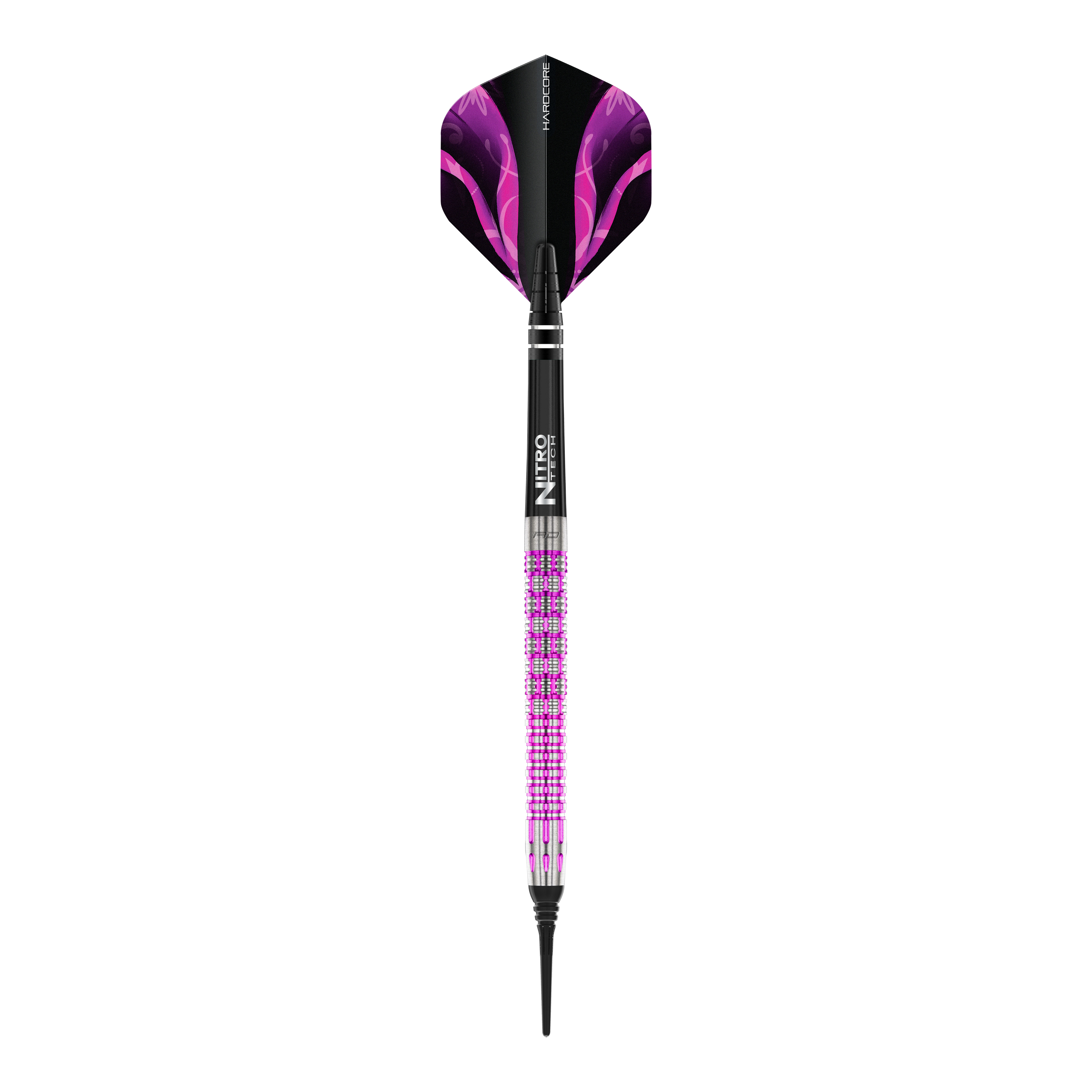 Fléchettes souples Red Dragon Tyrian - 22 g Auf dem Bild ist der Red Dragon Tyrian Softdart mit einem Gewicht von 22g zu sehen. Der Dart hat ein auffälliges Design mit lila und pinken Akzenten.
