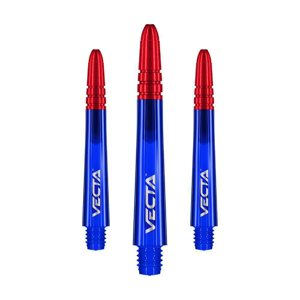Tiges Winmau Vecta - Bleu Rouge Auf dem Bild sind drei Dartschäfte in leuchtendem Blau mit roten Spitzen zu sehen. Auf jedem Schaft steht das Wort "VECTA" in weißer Schrift.