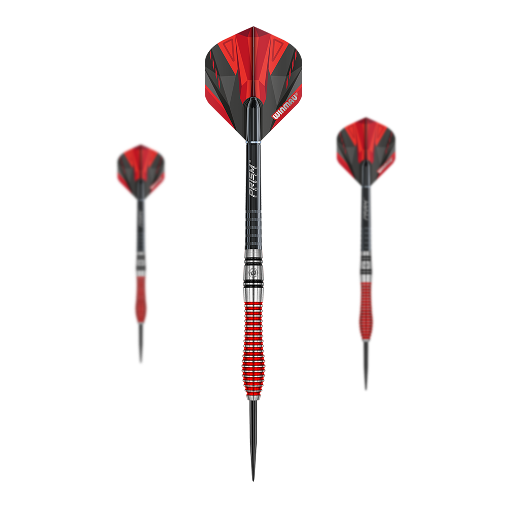 Fléchettes en acier Winmau Dennis Priestley Édition Spéciale Das Bild zeigt drei Winmau Dennis Priestley Special Edition Steeldarts. Die Darts haben ein auffälliges rot-schwarzes Design und besitzen eine griffige, rot-silberne Barrel.