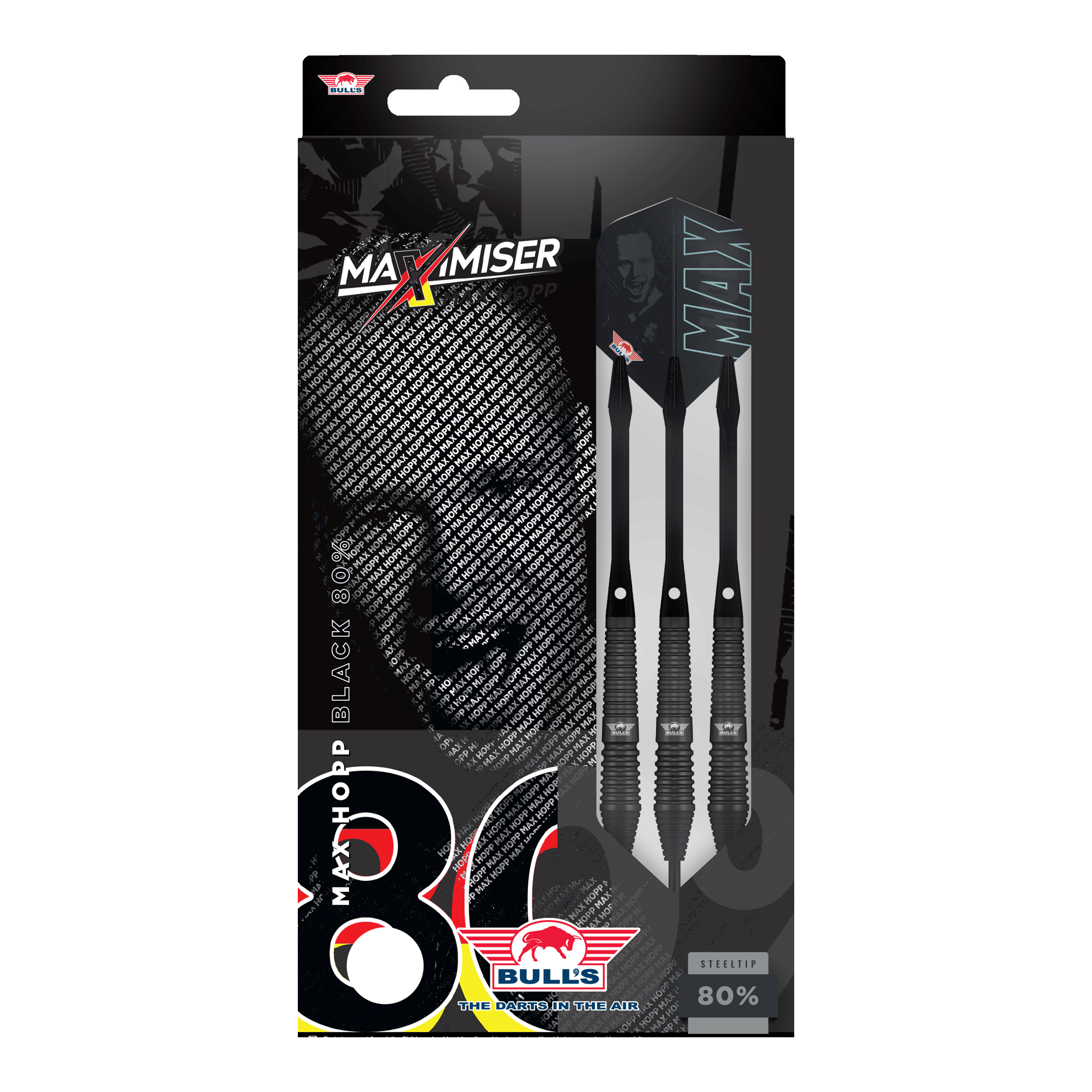 Auf dem Bild sind Bulls NL Max Hopp Black Steeldarts zu erkennen. Die Darts werden einzeln und detailliert gezeigt.
