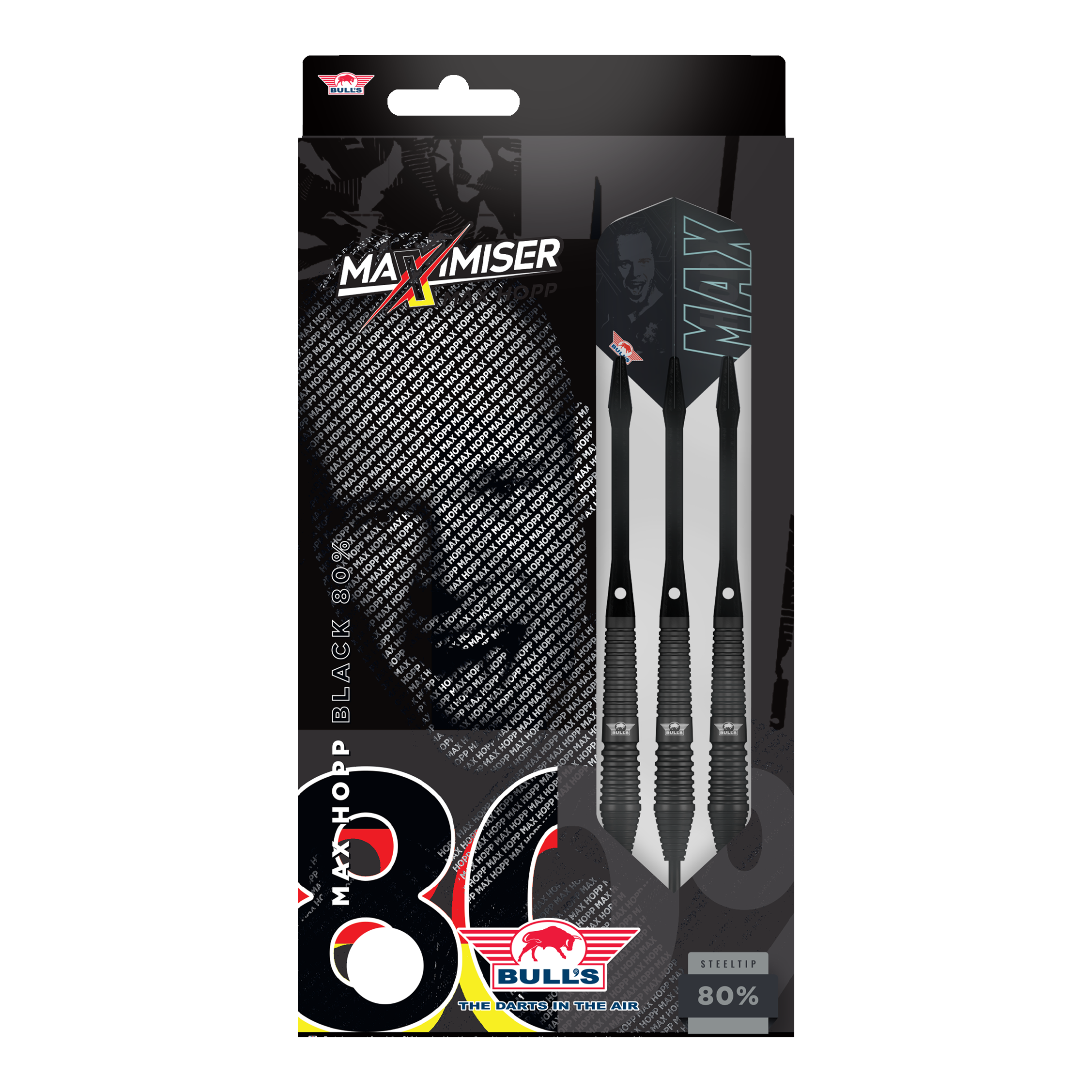 Fléchettes en acier noir Max Hopp de Bulls NL Auf dem Bild sind Bulls NL Max Hopp Black Steeldarts zu erkennen. Die Darts werden einzeln und detailliert gezeigt.