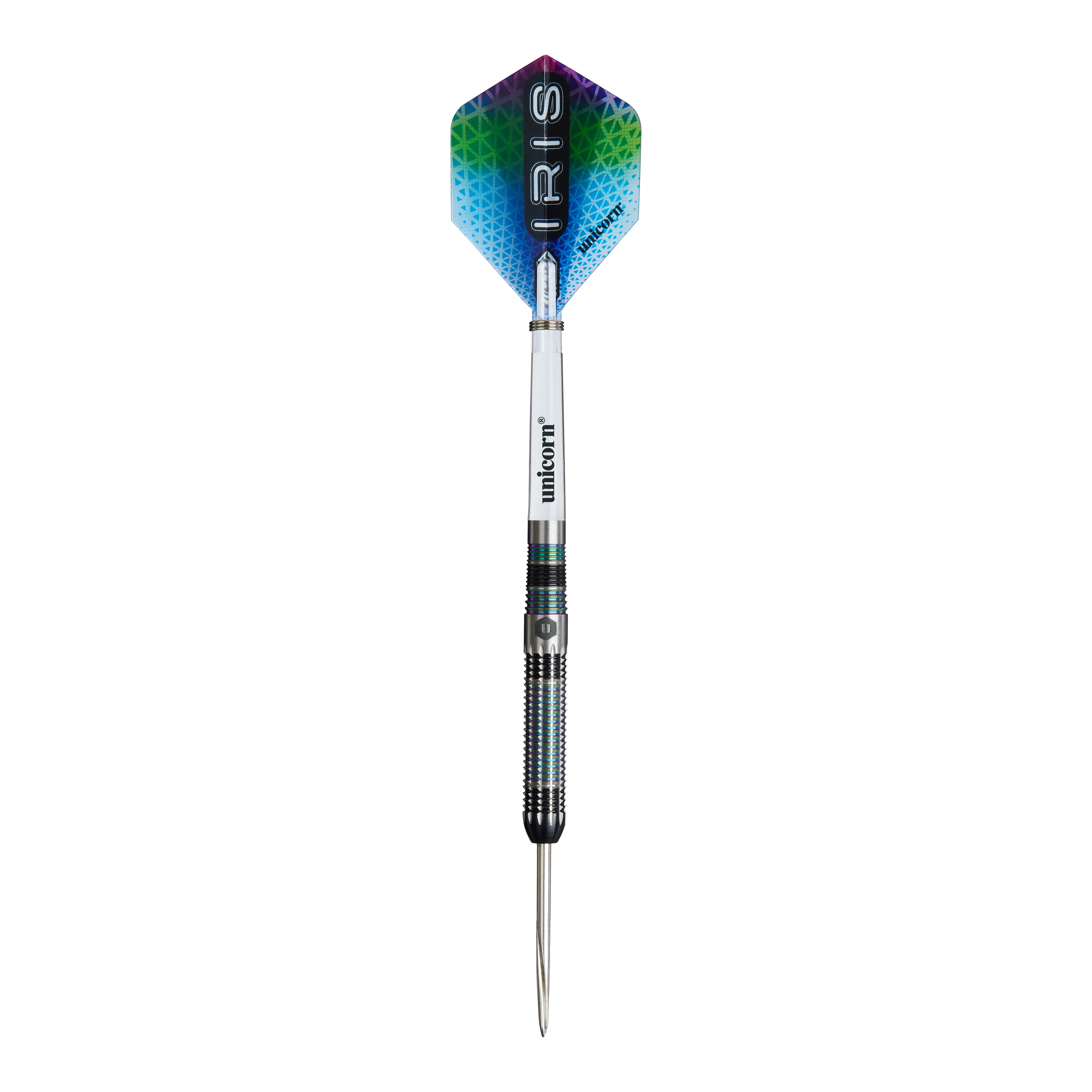 Fléchettes en acier Unicorn Iris Das Bild zeigt einen Steeldart namens "Unicorn Iris". Der Dart hat einen bunten Flight mit dem Schriftzug "IRIS" und einen metallischen Schaft.