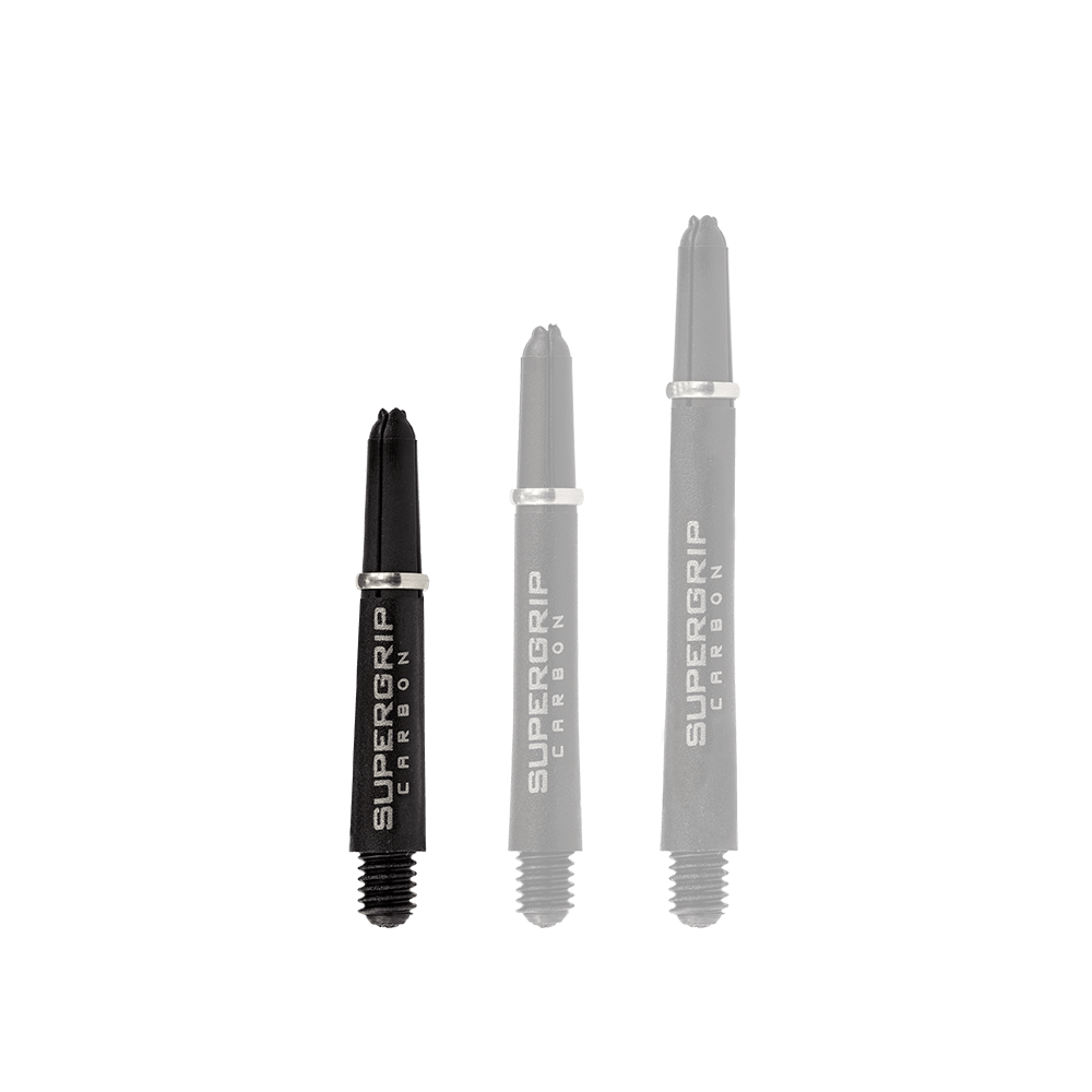 Das Bild zeigt drei schwarze Harrows Supergrip Carbon Shafts in unterschiedlicher Länge. Auf den Schäften steht in silberner Schrift "SUPERGRIP CARBON".