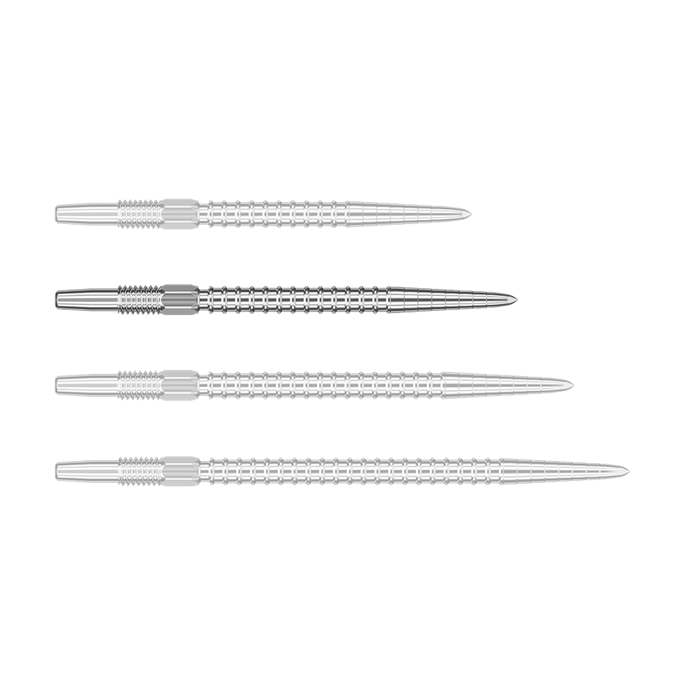 Pointes de fléchettes Target Swiss Point Chrono - Argent Das Bild zeigt vier silberne Dartspitzen in einer Reihe. Die Spitzen sind aus Metall und haben ein geriffeltes Muster.