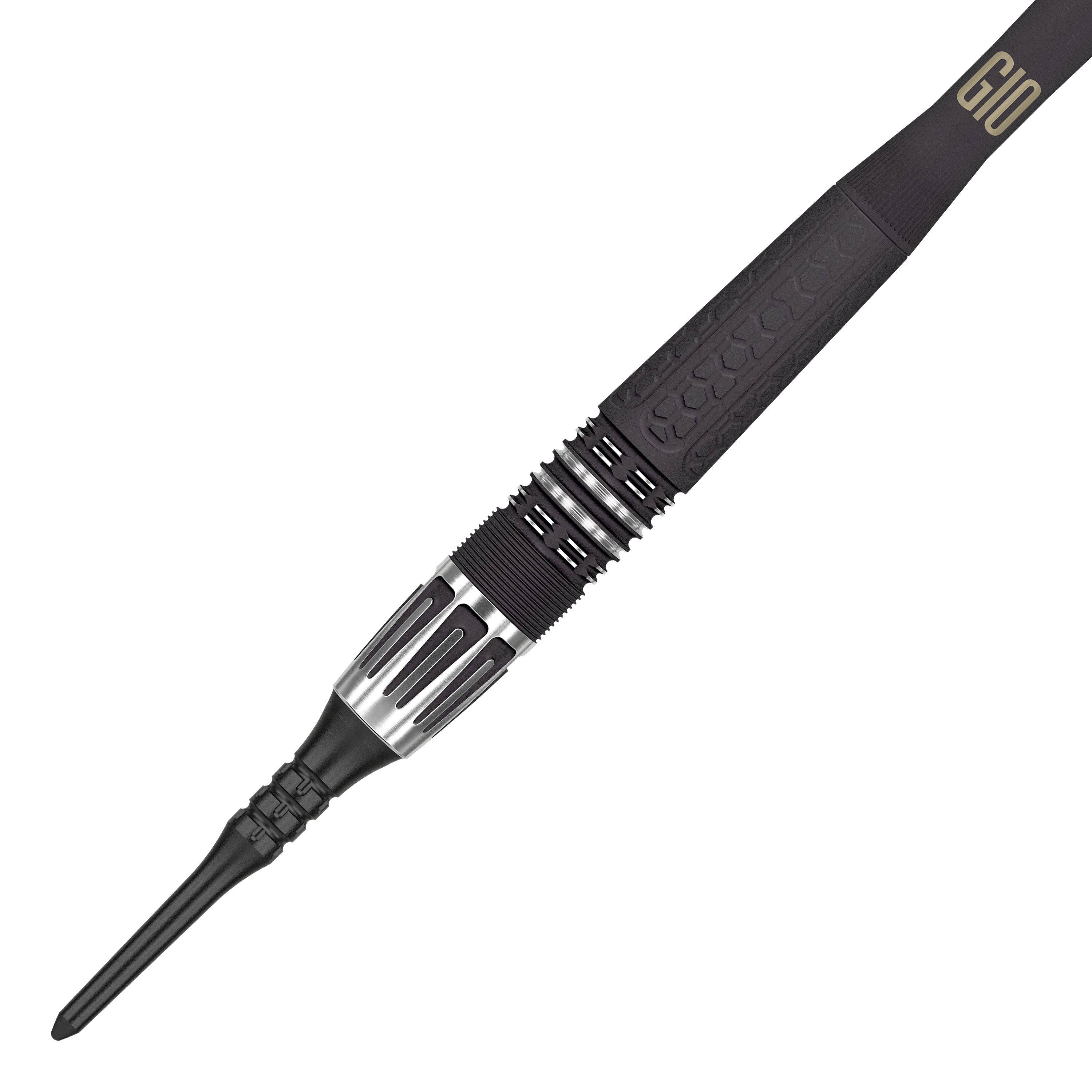 Fléchettes souples Target Phil Taylor Power 9Five GEN10 Das Bild zeigt einen modernen Softdartpfeil mit schwarzem und silbernem Design. Auf dem Griffstück steht die Aufschrift "G10".