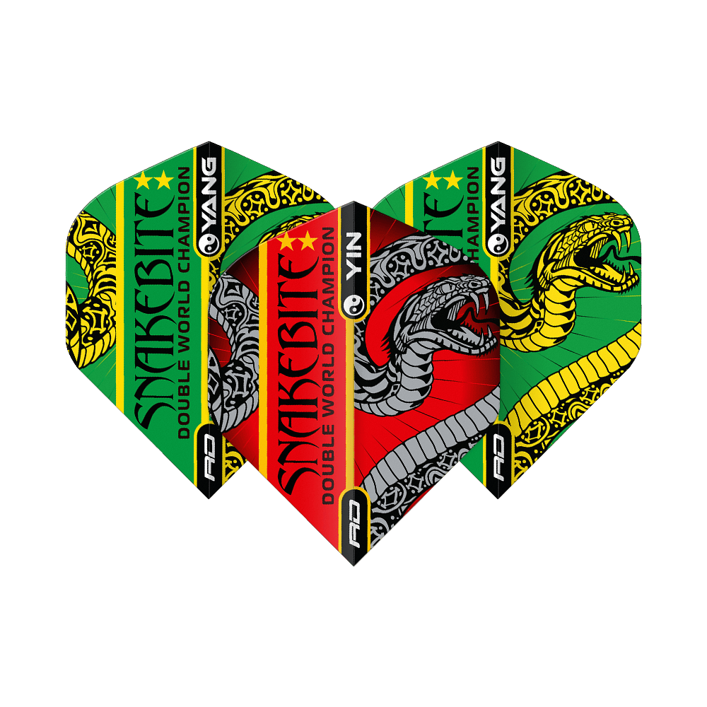 Dragon Rouge Peter Wright Morsure de Serpent Rouge Vert Yin Yang Vols Standards Das Bild zeigt drei Dartflights mit bunten Farben und auffälligem Schlangen-Design. Auf den Flights steht "Snakebite Double World Champion" und sie sind in Rot, Grün, Gelb und Schwarz gestaltet.
