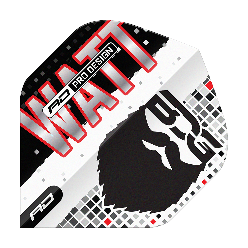Vols Red Dragon Hardcore Jason Watt BDG Premium No2 Standard Das Bild zeigt das Produkt "Red Dragon Hardcore Jason Watt BDG Premium No2 Standard Flights". Auf dem Flight sind der Name "WATT", ein stilisiertes Gesicht und das Logo "RD" zu sehen.