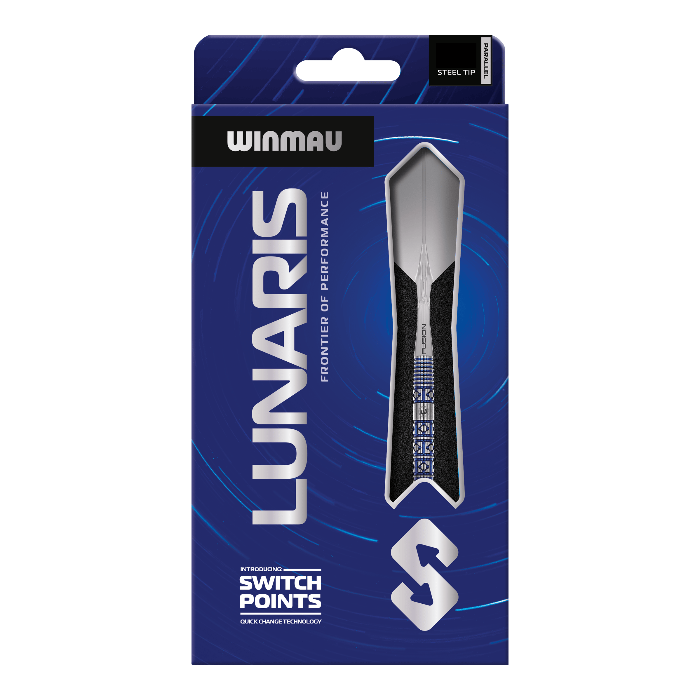 Fléchettes en acier Winmau Lunaris Parallel Switch Point Das Bild zeigt die Winmau Lunaris Parallel Switch Point Steeldarts. Die Darts liegen nebeneinander und sind deutlich zu erkennen.